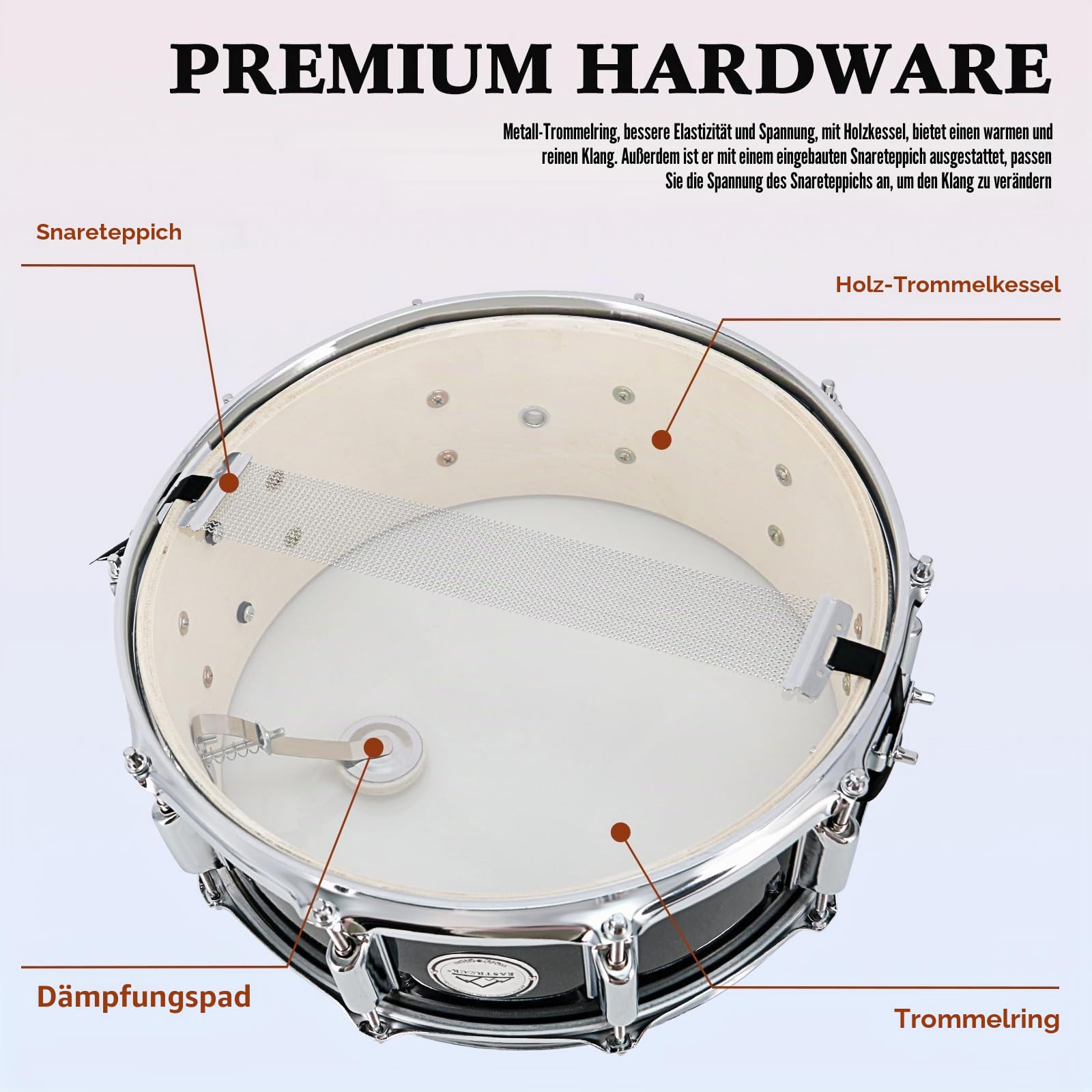 EASTROCK Snare Drum 14X5.5 Zoll für Schüler Anfänger mit Gigbag, Drumsticks, Schlagzeugtasten, beschichtetes Material Schlagzeugfell, Schwarz