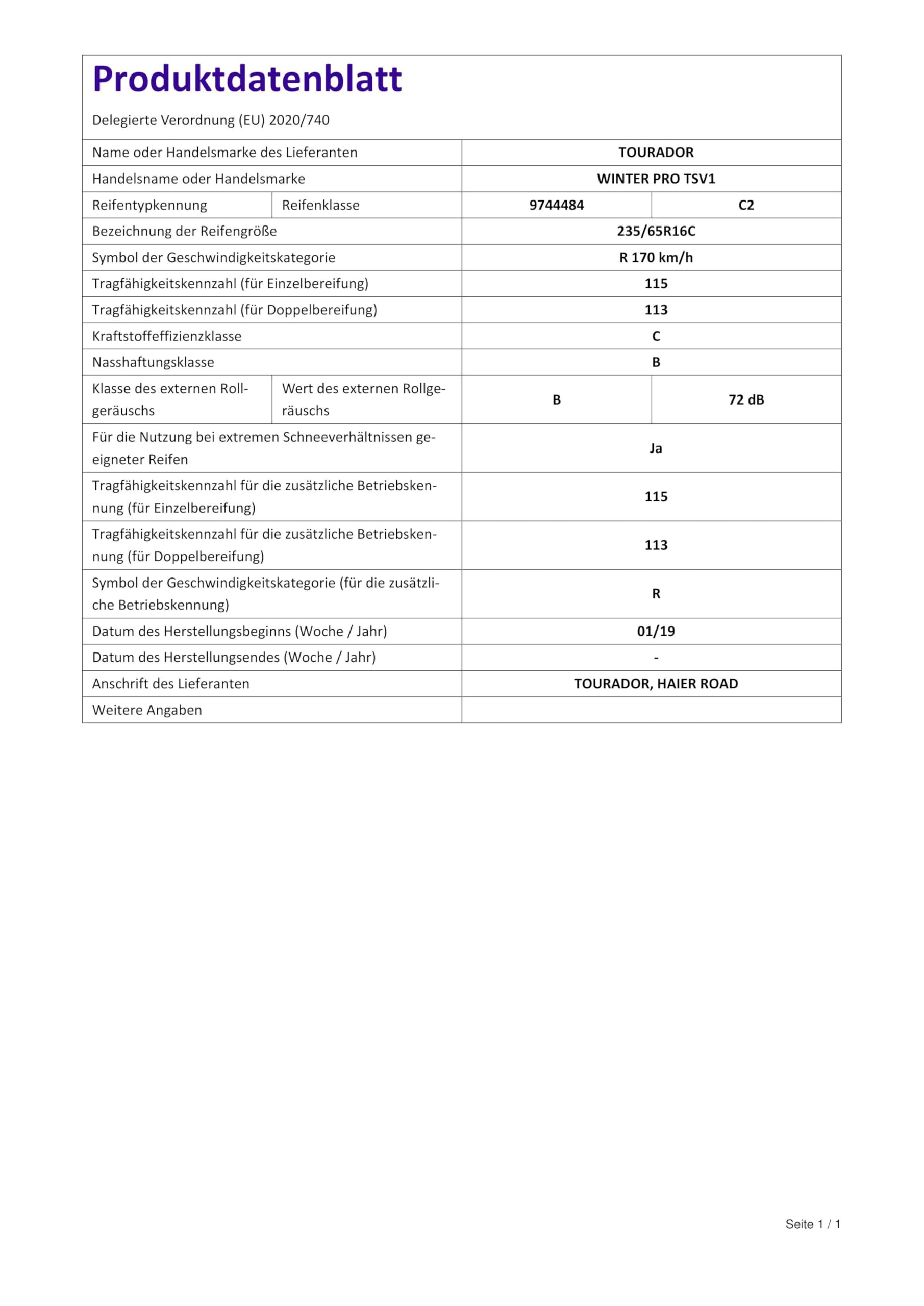 Winterreifen 235/65R16C 115/113R PRO TSV1 - Winter Profil