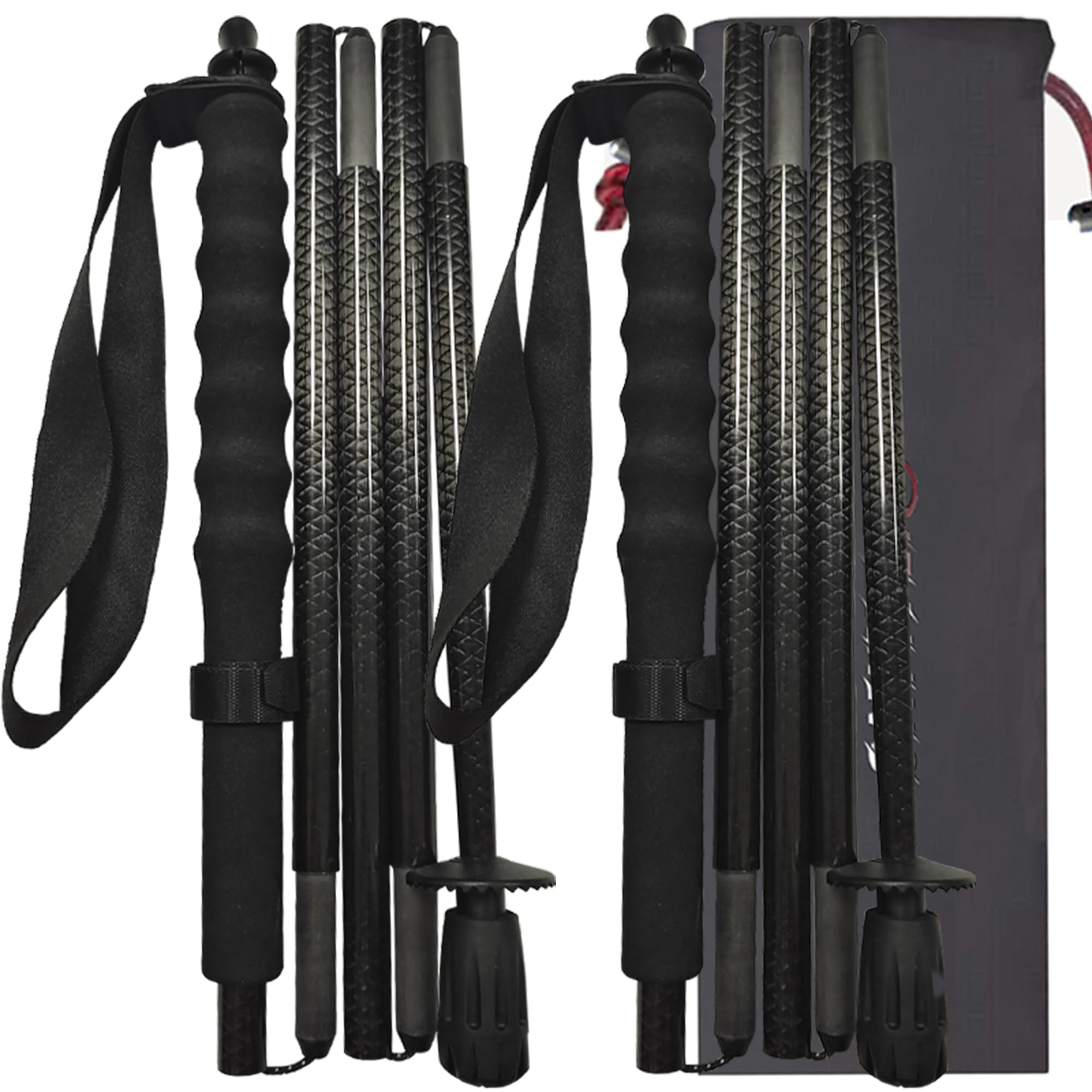 KHEALING トレッキングポール カーボン 折畳み 【超軽量110g/120g/130G】炭素繊維 登山 ポール 5節 2本セット 110/120/130cm ハイキングポール 滑り止め コンパクト 遠足 登山用品 徒歩 キャップ 吸湿発散性に 収納バッグ付 男女兼用 (人気登山ブロガー絶賛推薦！) (黒, 130CM)