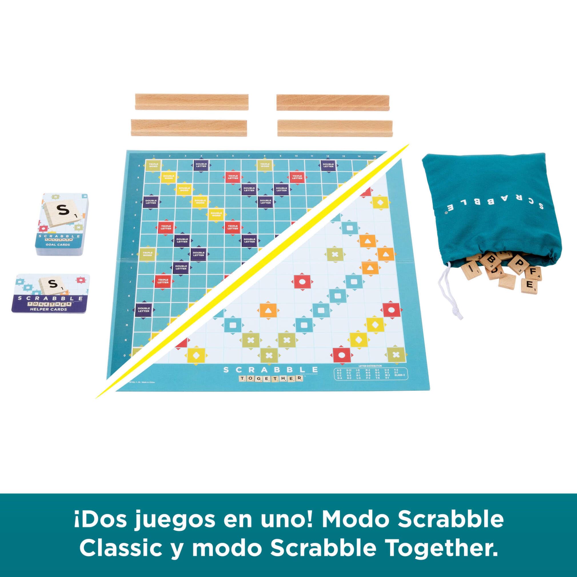 Mattel Games Scrabble Juego de Mesa, clásico Juego de Palabras Familiar con fichas de Letras y atriles de Madera, Dos Opciones de Juego, edición en español, JGR64