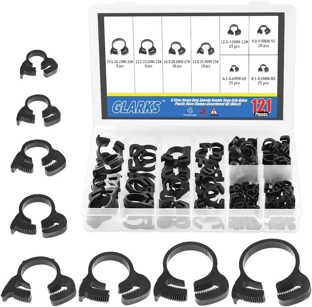 121Pcs 8 Size Heavy Duty Black Double Gripping Nylon Hose Clamps Set, 6.1-26.1mm Plastic Snap Ratcheting Clamps Assortment Kit (Black 121Pcs)