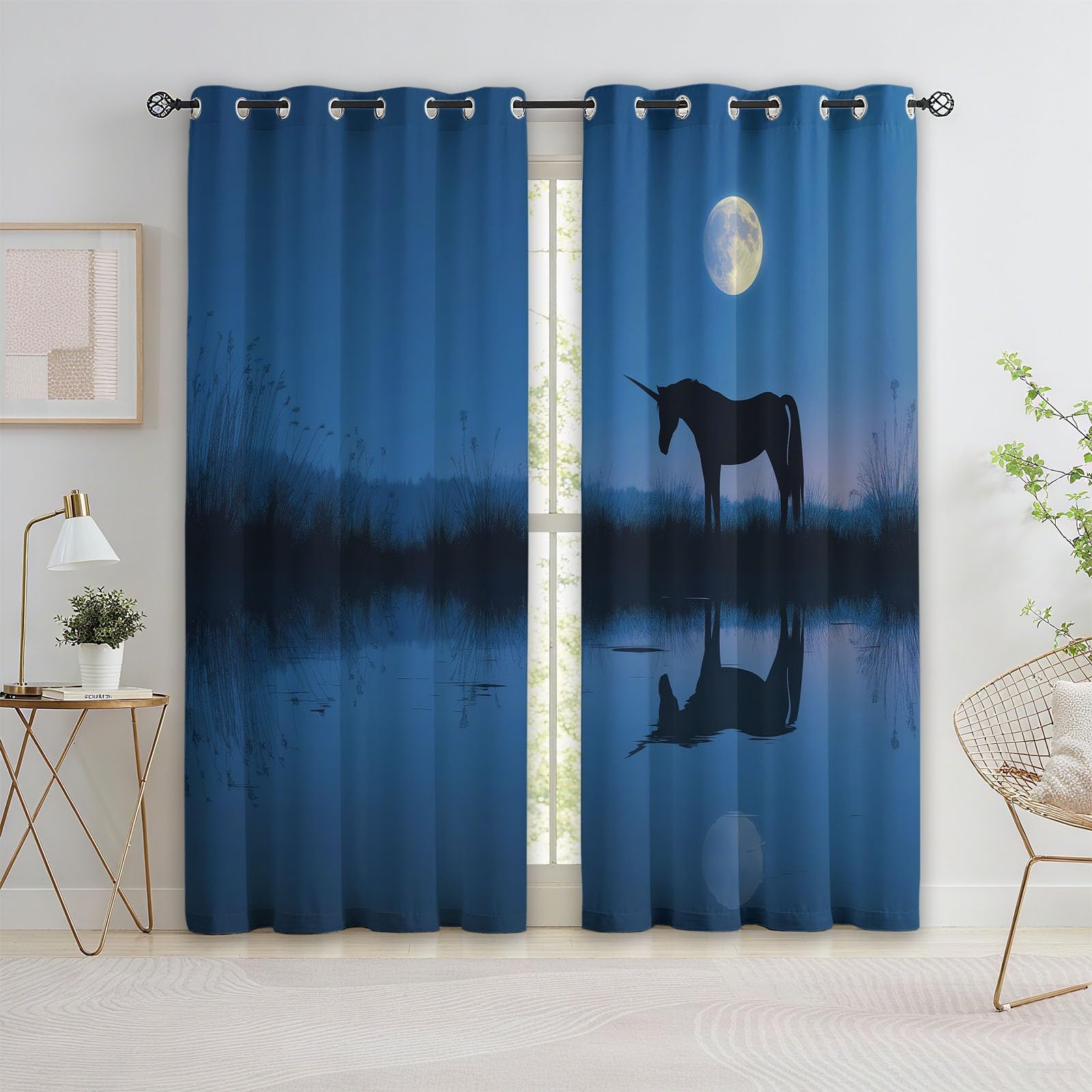 Lot De 2 Rideau Occultant Enfant pour Fille Garcon L140 x H245 cm, Silhouette De Licorne Rideau Occultant À Oeillet Bleu Thermiques Phonique Anti Froids, Décor De Chambre