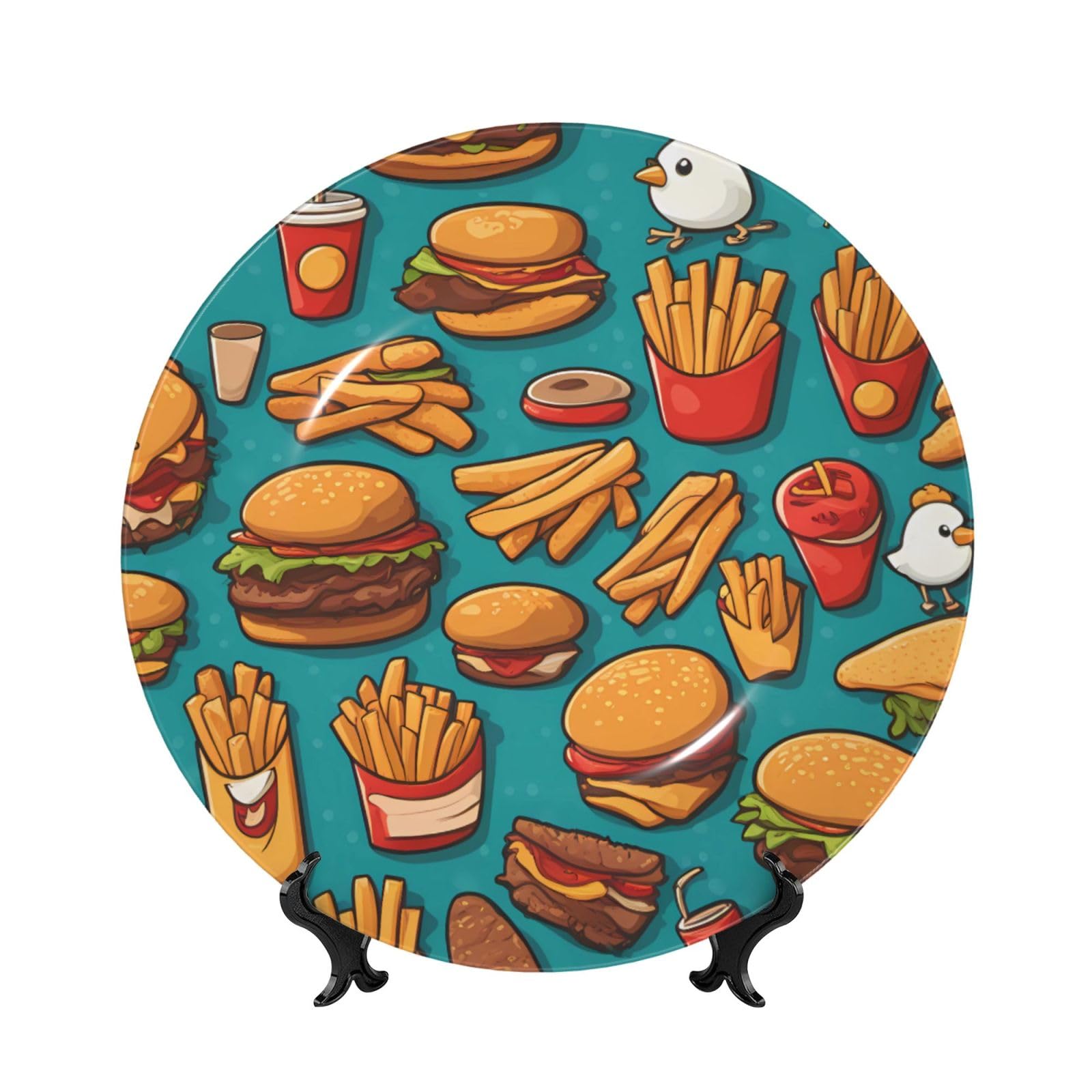 SXZVVBN lots of cartoon burger fries Bone China Decorative Plate Art with Stand Removable Adhesive Hanging for Home Office 8in（20cm）