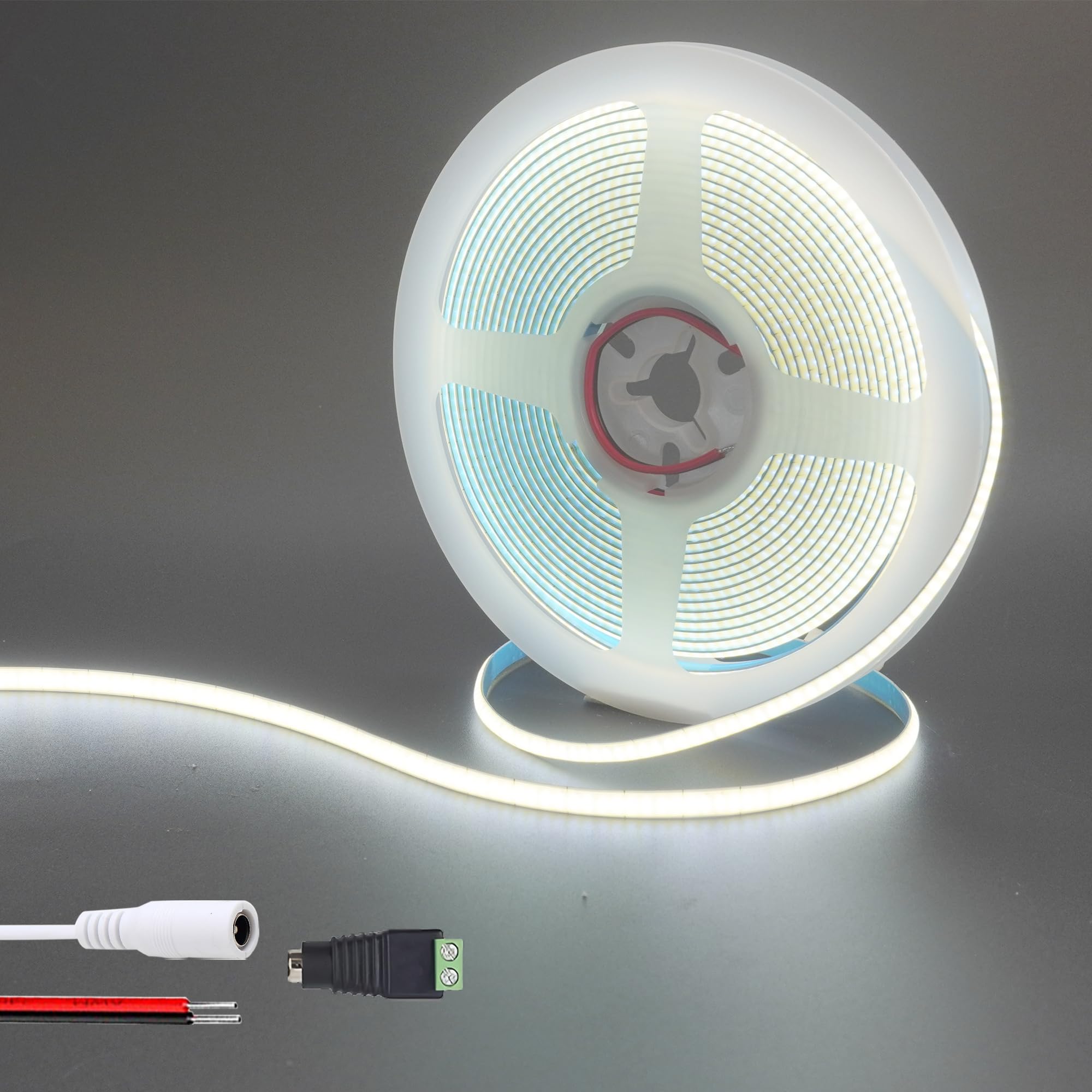 Clearhill 12V 5mm Width COB LED Strip Lights(No Power Supply),16.4FT/5M,Cool White 6500K,400LEDs/m,with 5521DC Female Connector,10W/m,CRI90,5000lm,Electroplated Double-Sided Panel Light Strip,IP20