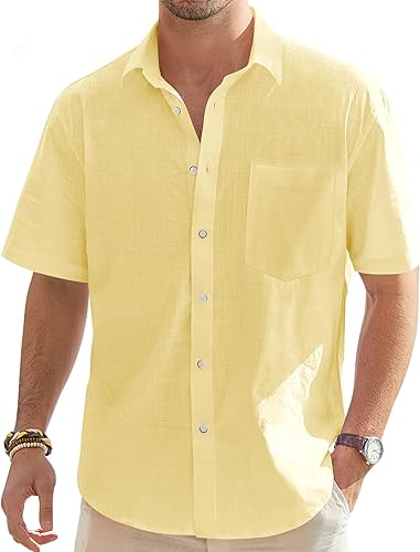 J.VER Camisas de manga corta de lino y algodón para hombre, estilo casual, ligeras, con botones, para vacaciones, playa, verano, con bolsillo