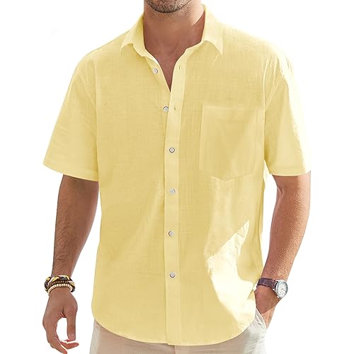J.VER Men's Cotton Linen Short Sleeve Shirts Casual Lightweight Button Down Shirts Vacation Beach Summer Tops with Pocket