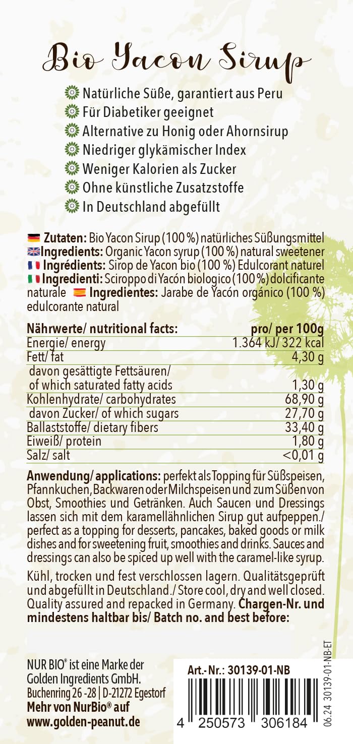 NUR BIO Yacon Sirup BIO 450 g, natürliche Süße aus der Yaconwurzel, ohne Zusätze, höchste Reinheit, vegan, Bio zertifiziert DE-ÖKO-003