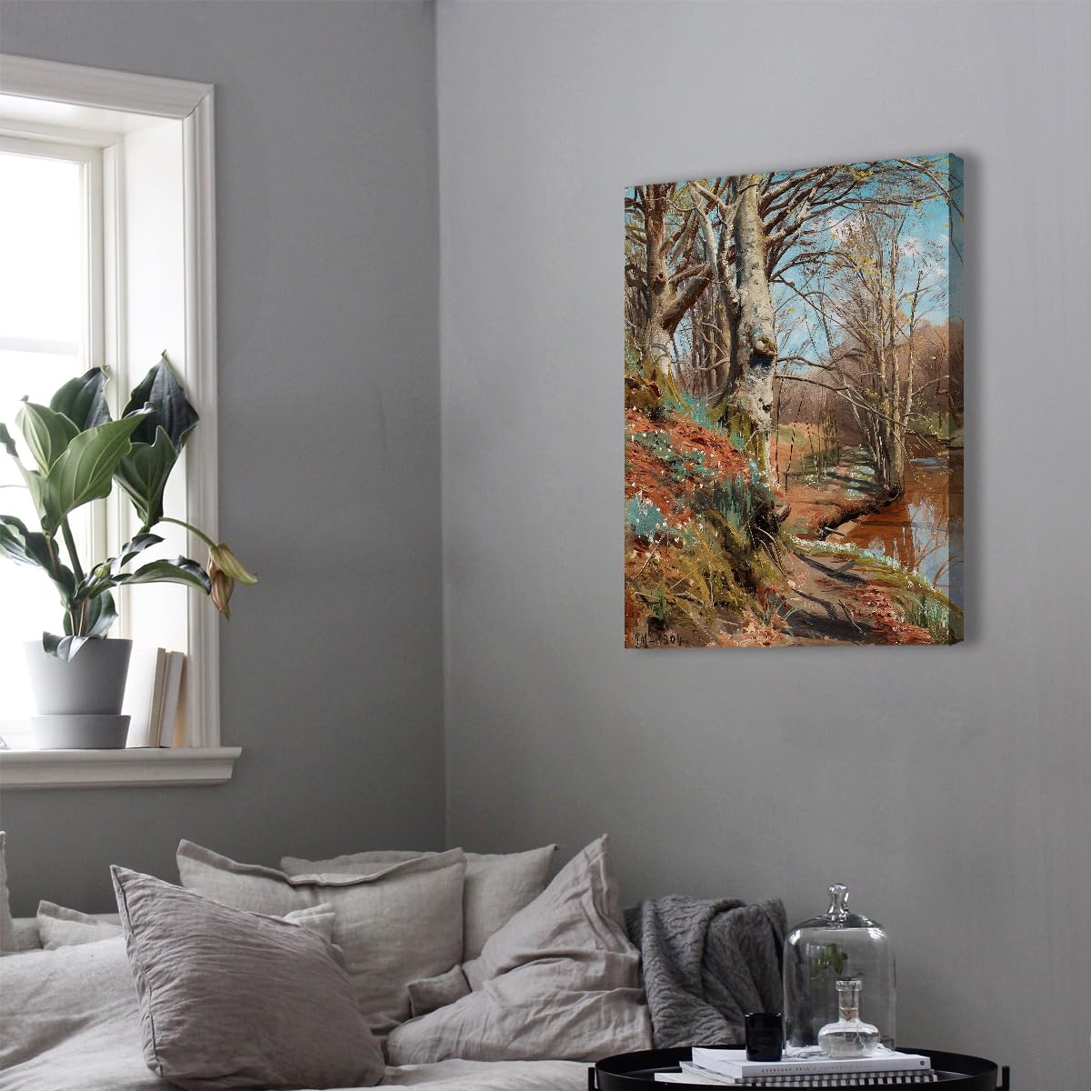 SHENGPOSTER Wiosenny Krajobraz Plakat Na Płótnie Rustykalny Las Brzeg Rzeki Drzewa i Dzikie Kwiaty Druk Giclee Sztuka ścienna Do Salonu Sypialnia Wystrój Bez Ramki 85 x 110 cm