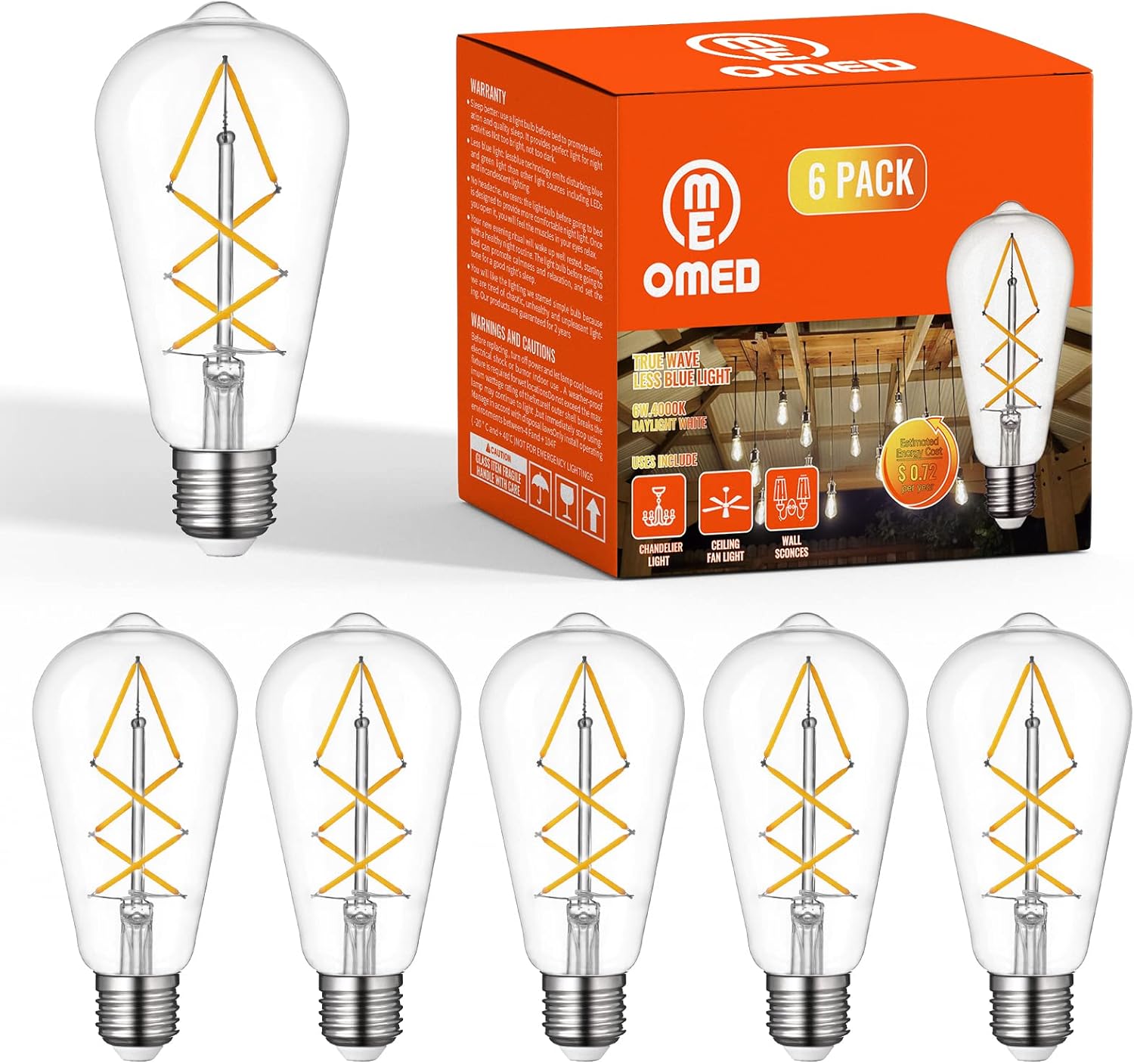 OMED Fishbone Filament LED Edison Bulbs, 60 Watt Equivalent ST64 E26 Dimmable vintage Light