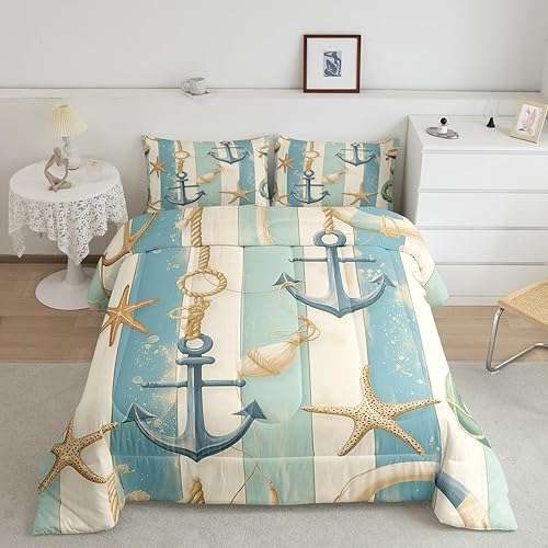 Miniatura 20 de Juego de edredón de olas oceánicas, tamaño Queen, juego de ropa de cama náutica retro con brújula de faro para mujeres, hombres y niños, decoración