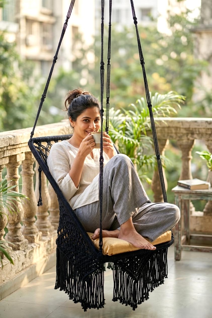 Patiofy Premium Square Swing for Adults for Home/Swing for Balcony/Swing for Kids/Hammock Hanging Swing Chair/Swing for Garden/includes Golden Cream Square Cushion & Hanging Kit/ 150Kg Capacity-Black-image-21
