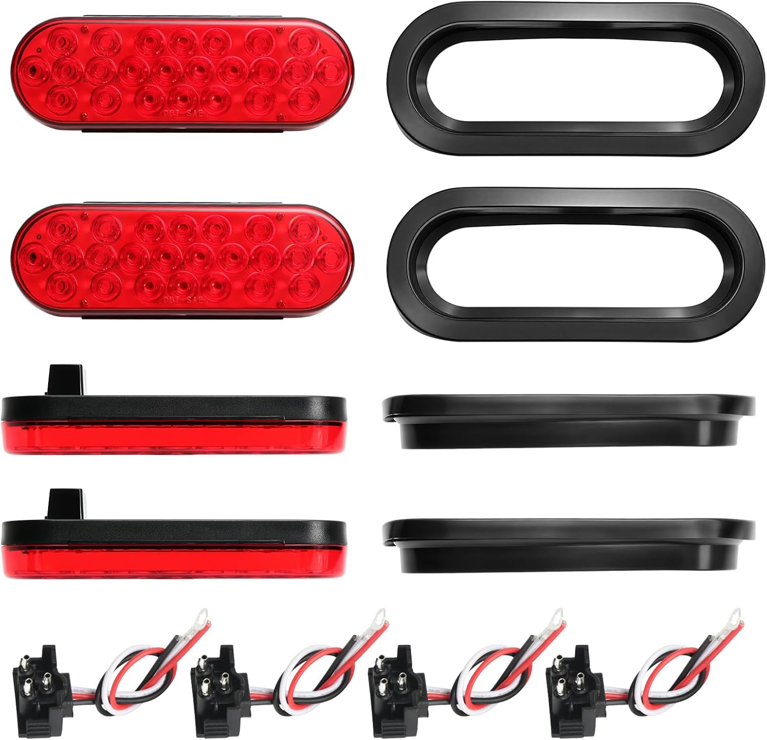 6Inch Oval Trailer Tail Lights 4Pcs 24 Led Stop/Turn/Brake Trailer Lights for RV Truck Boat, IP67 Waterproof, Flush Mount with Grommets & 3-Prong Pigtails, DOT Approved,12V