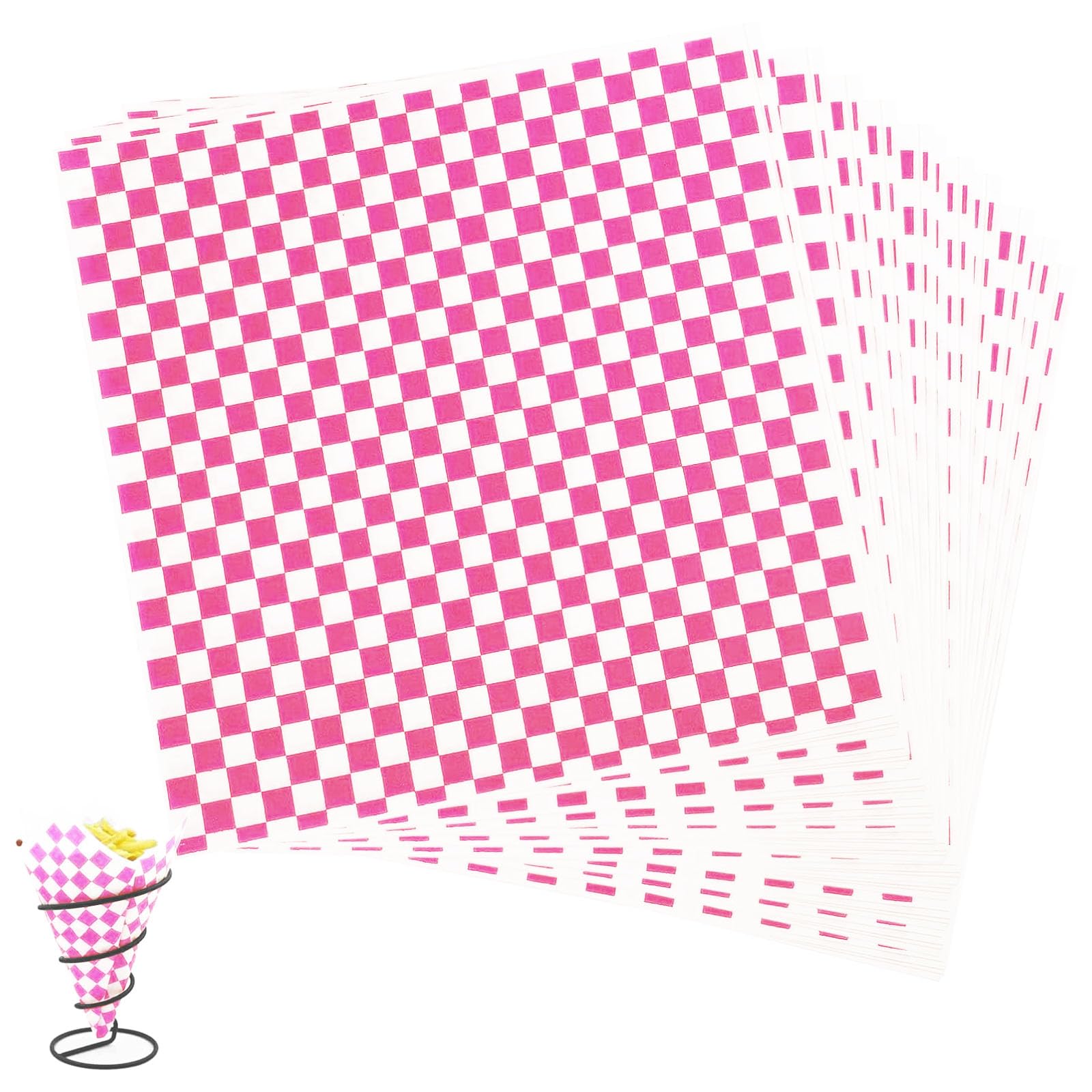 Food Grade Wrap Paper, 100 Sheets Greaseproof Paper Sheets, Oil-Proof Wrapping Wax Tissue, Waterproof Checkered Burger pad for Deli Sandwich Cakes Cheese(26x28cm Pink)