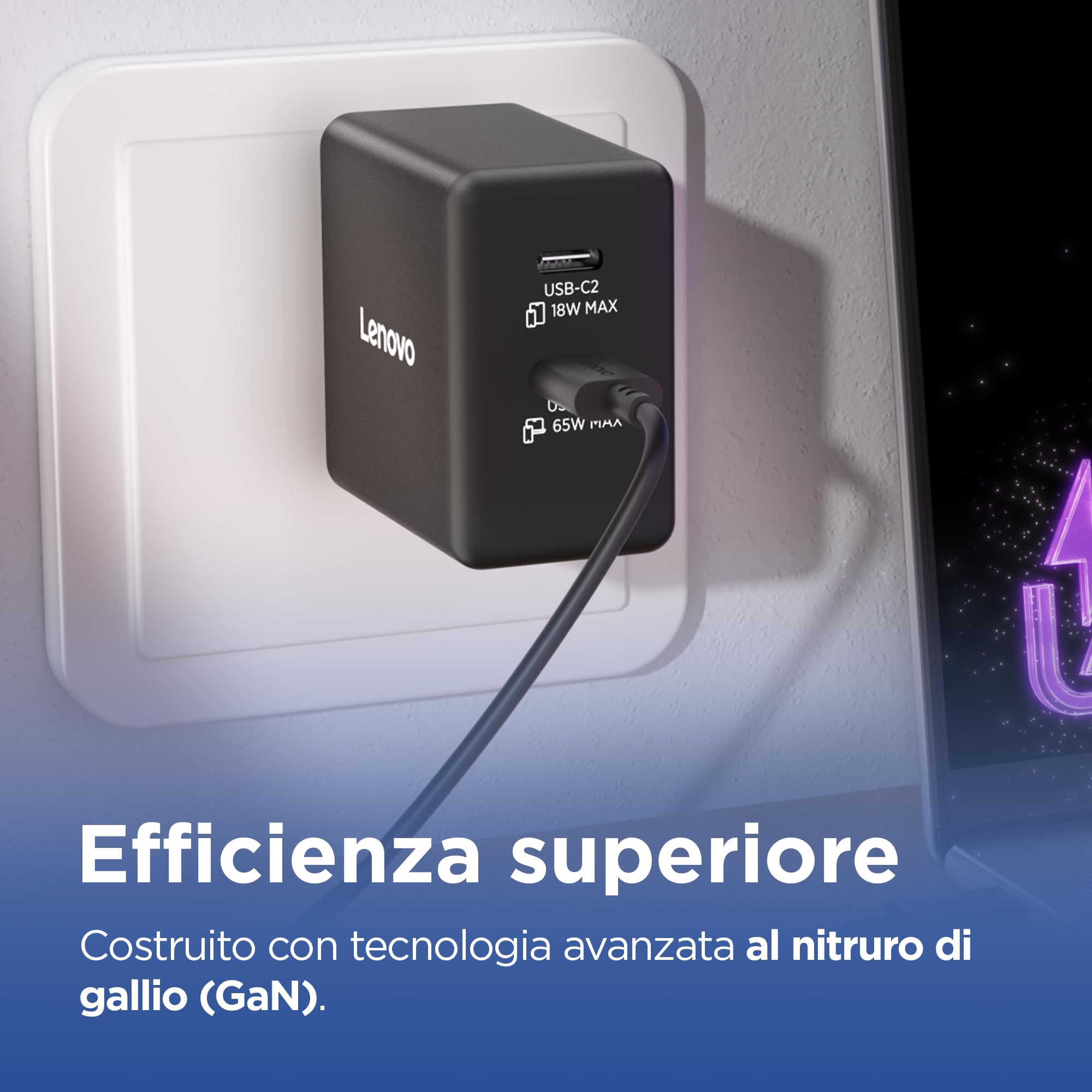 Lenovo Dual USB-C 65W GaN Charger - EU, 2 porte USB-C con split 45W+18W, caricatore compatto per notebook e dispositivi USB-C