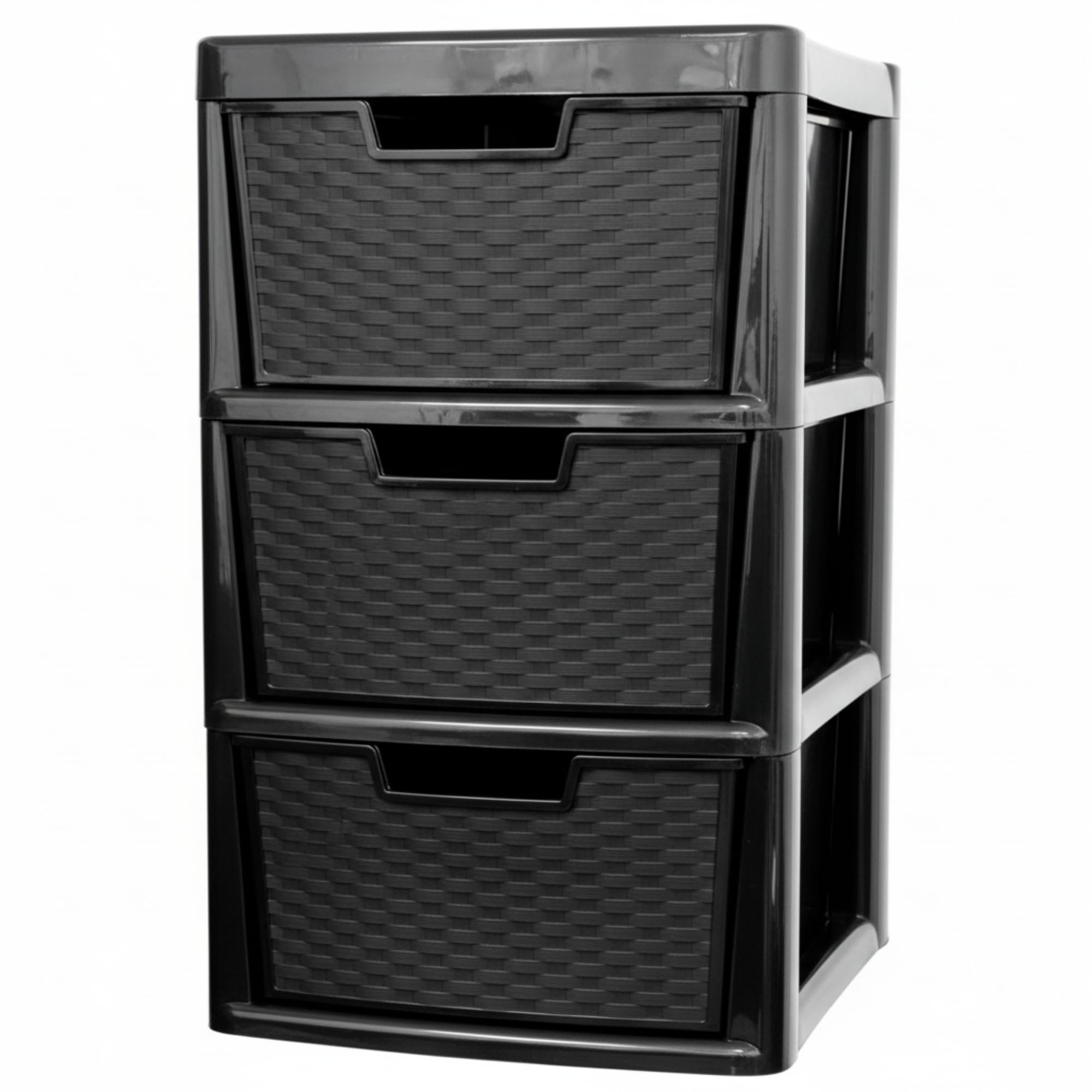 KYY'Z - Large Plastic Rattan Storage Drawers Unit with Deep Pull-Out Baskets - Durable Multipurpose Cabinet Organizer for Home Office, Bedroom, Bathroom, Garage, Utility Room (Rattan/Black, 3 Tier)