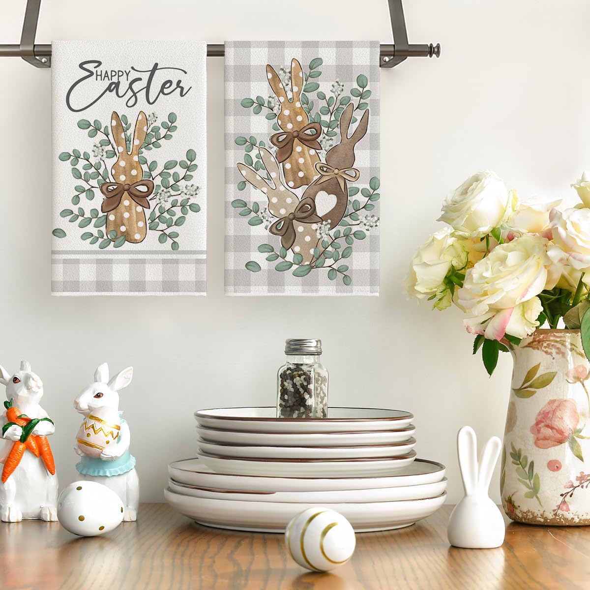 Artoid Mode Buffalo Plaid Rabbit Bunny Eucalyptus Easter Kitchen Towels Dish Towels, 18x26 Inch Spring Decoration Hand Towels Set of 2