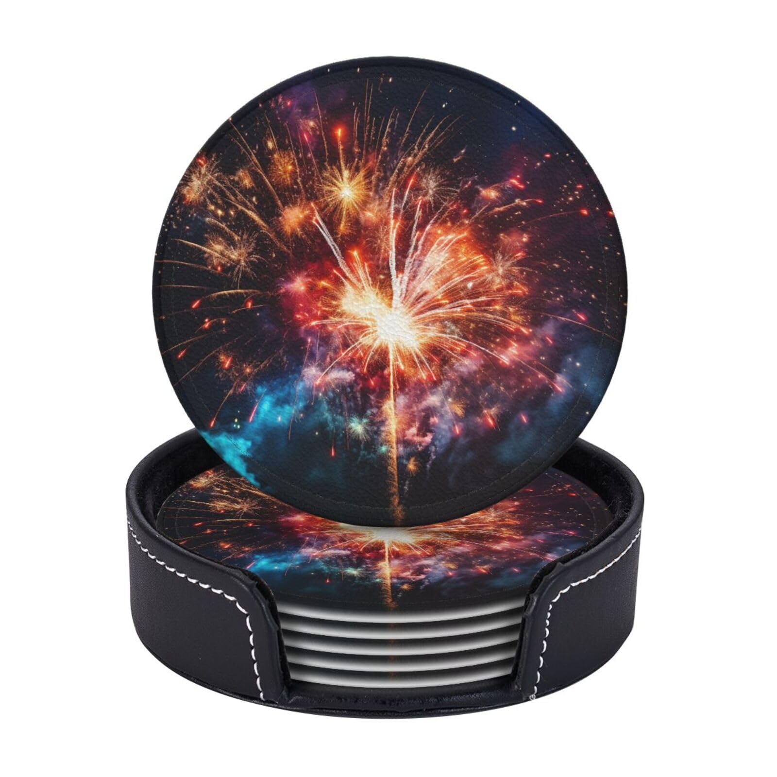 6Pcs PU Leather Coaster for Drinks, Explosion Firework Cup Coasters with Holder, Aesthetic Drink Coasters for Coffee Table, Round Coaster for Tabletop Protection 4" Cup Mat Pad