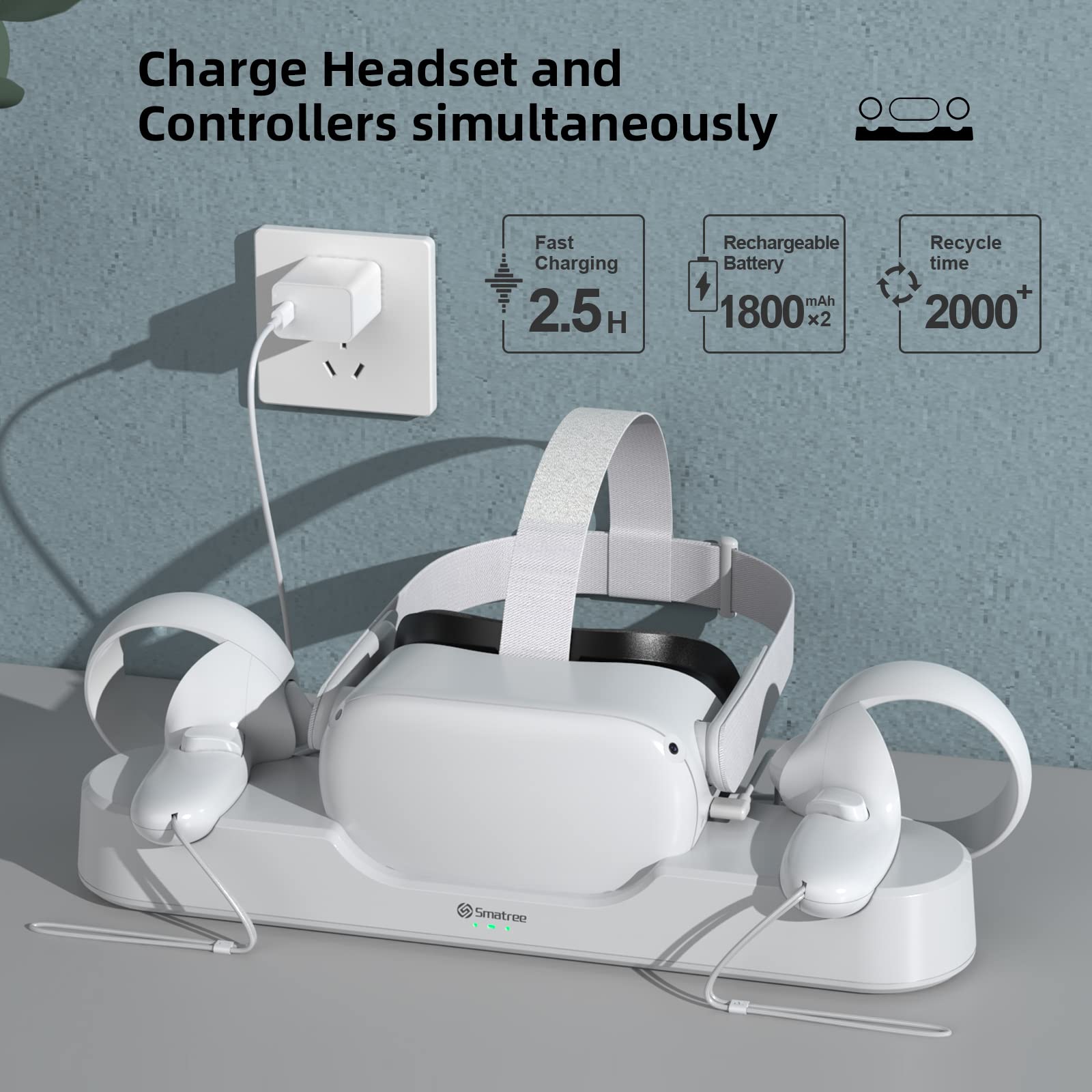 Smatree Station de Charge Compatible pour Quest 2, Compatible avec la Elite Strap avec Batterie, Charge simultanée du contrôleur VR et du Casque (avec Adaptateur)