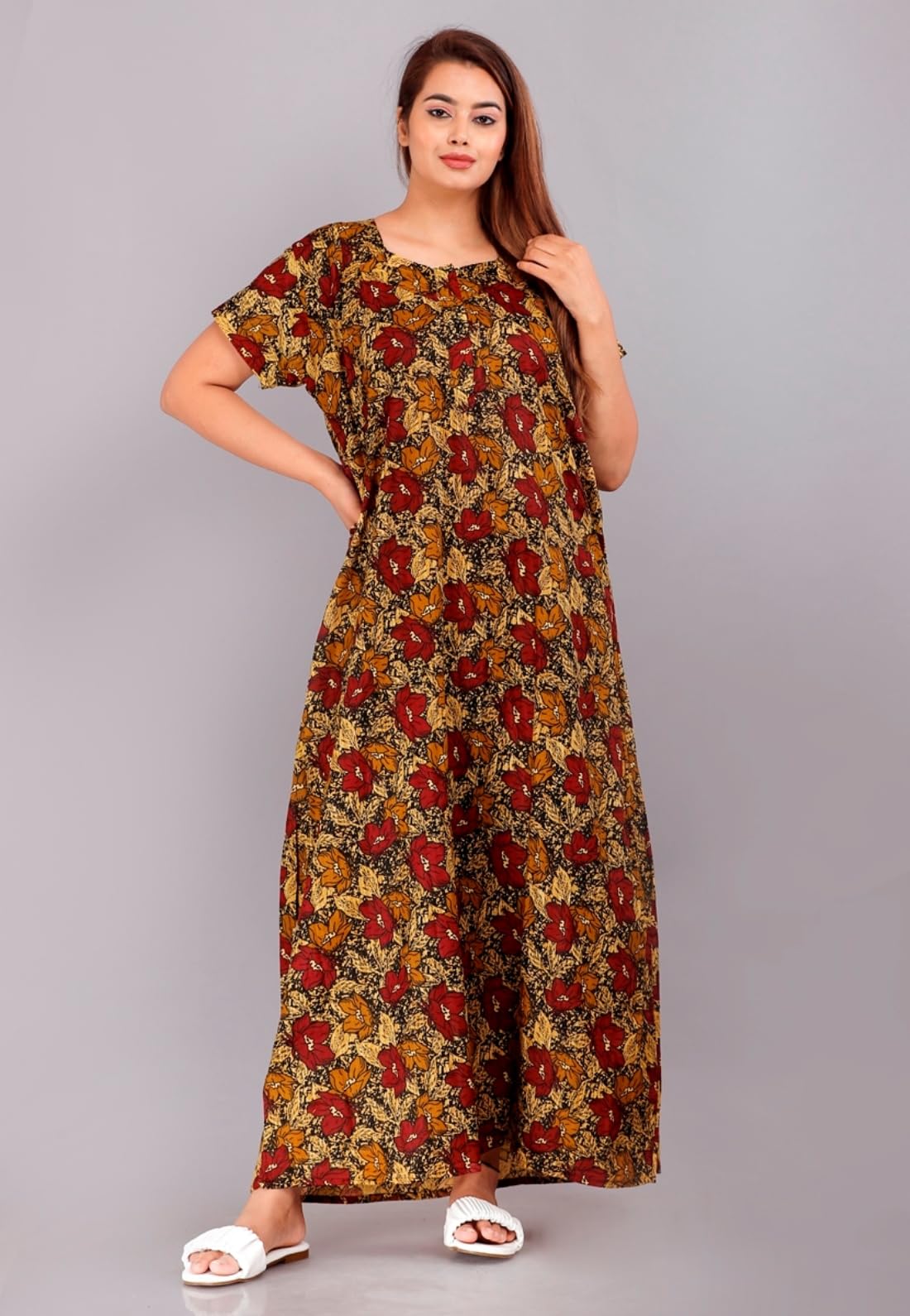 Women's Cotton Printed Kaftan Nighty Brown-image-27