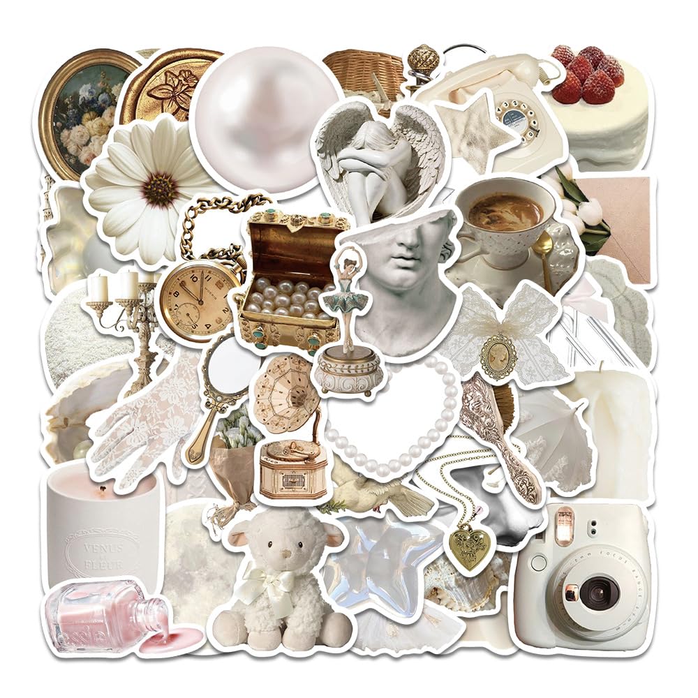 Calcomanías estéticas e impermeables de diseño vintage blanco para suministros escolares
