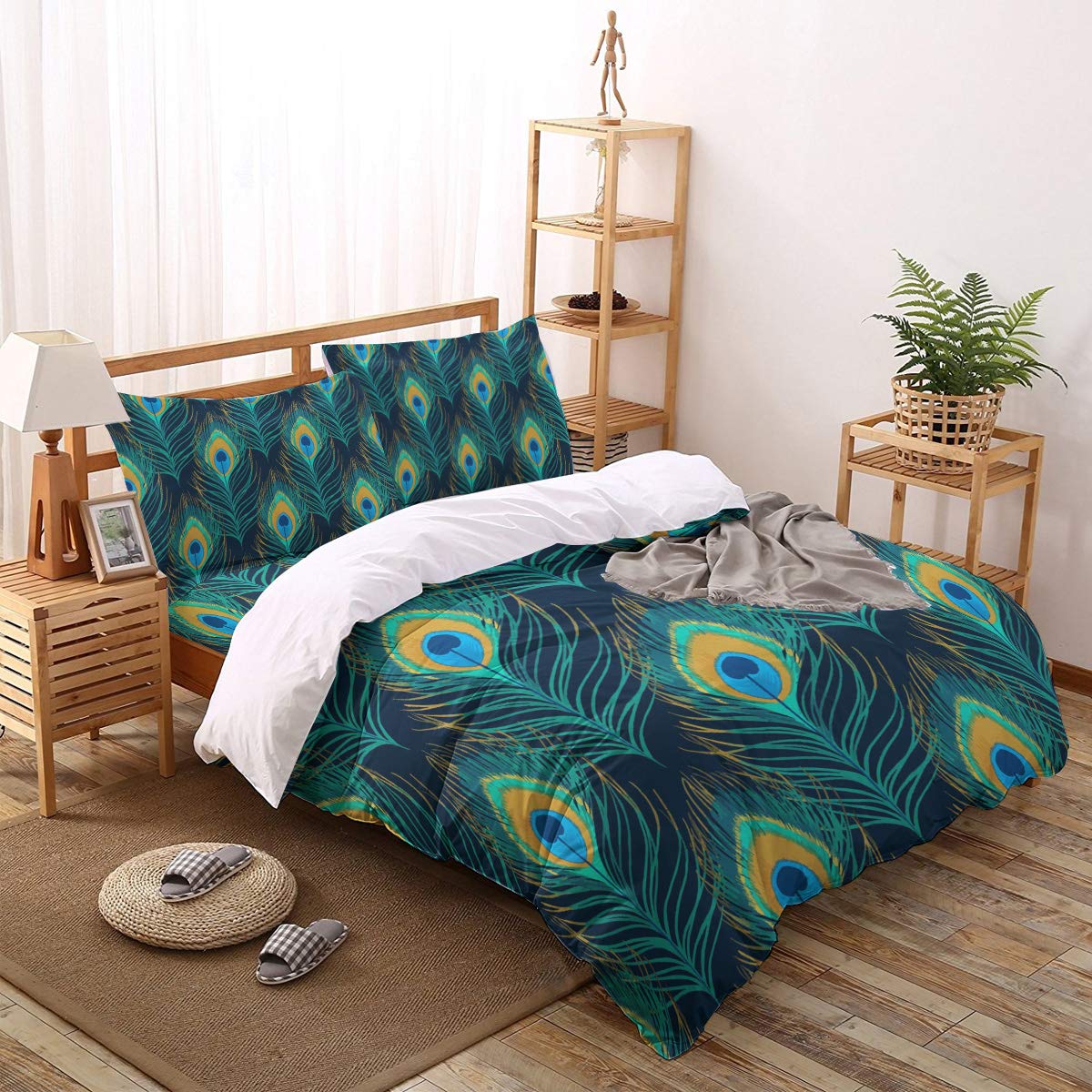 Housse De Couette 140x200 Cm Motif Paon Vert - Microfibre Réversible, 1 Taie D'oreiller 65x65 Cm | Fermeture Zip, Attaches D'angle, Lavable Machine - 6