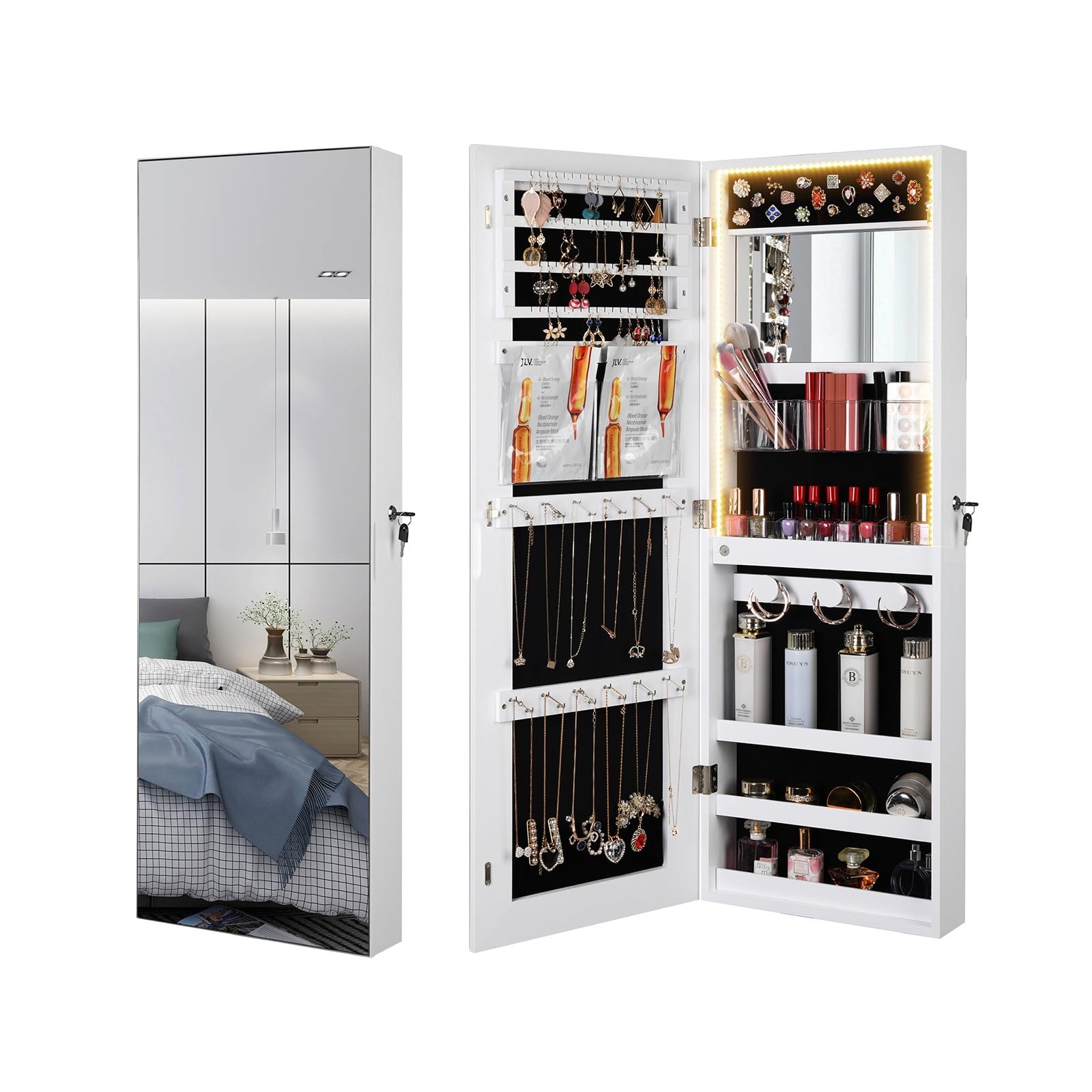 HXYhydrypd HXYhydrypd Armario Joyero con Espejo de 108 Cm, Espejo con Almacenaje para Montaje en Pared o Puertapara Sala de Estar(White)