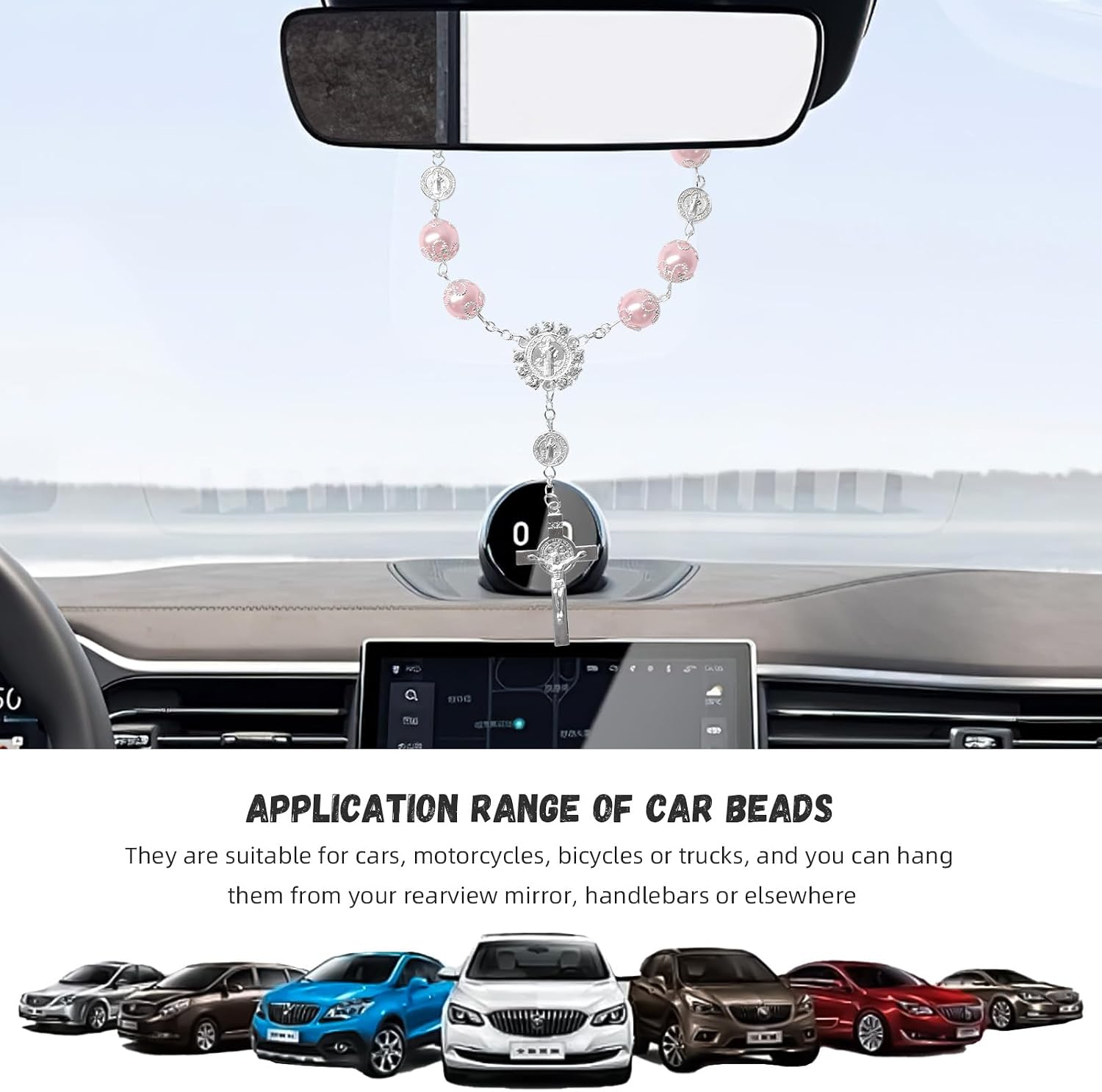 2 PCS Car Rosary for Rearview Mirror, Personalized Cross Blessing Auto Rearview Mirror Rosary Pendant, Universal Car Rear View Mirror Rosary Hanging Decor Accessories for Woman Men (Pink) image 4