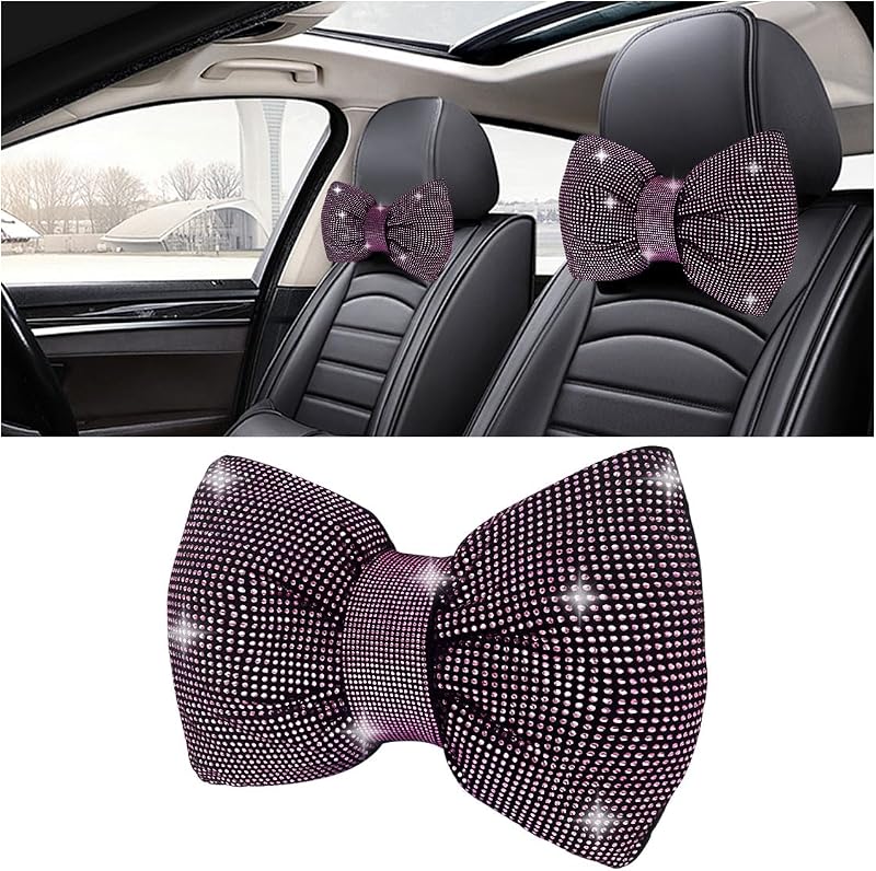 1 PCS Rhinestone Car Headrest Neck Pillow, Auto Headrest Cushion for Driving Seat, Bling Crystal Diamond Bow Neck Support Relax Pillow, Car Interior Accessories for Women Girly (Purple)