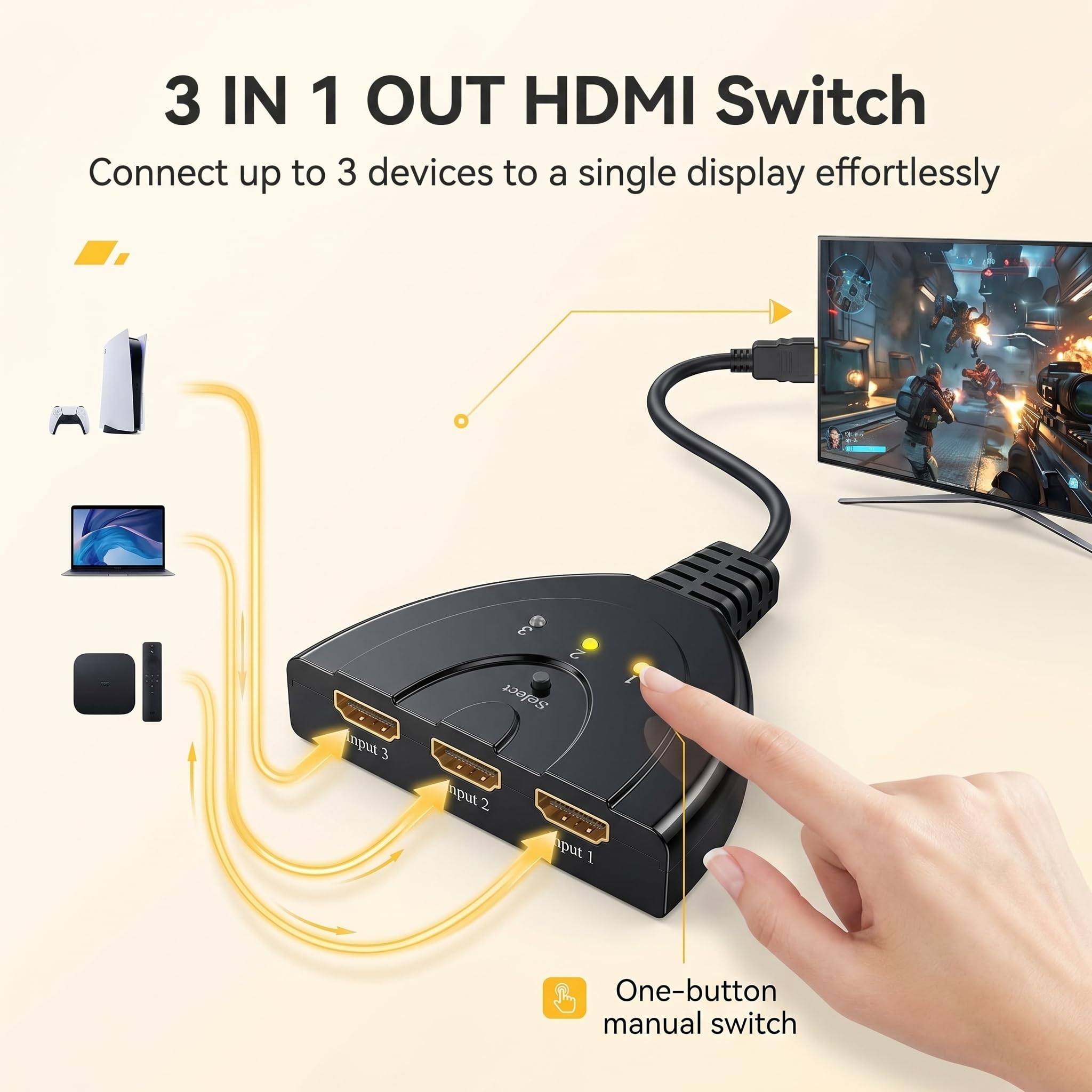 HDMI Switch 3 Eingänge 1 Ausgang, HDMI Splitter 3 in 1 Out 4K UHD Verteiler für PS5/PS4/Xbox/Switch/PC/Laptop/Blu-Ray Player/TV/Projektor, 3 Geräte auf 1 Monitor, Stabile Signalübertragung