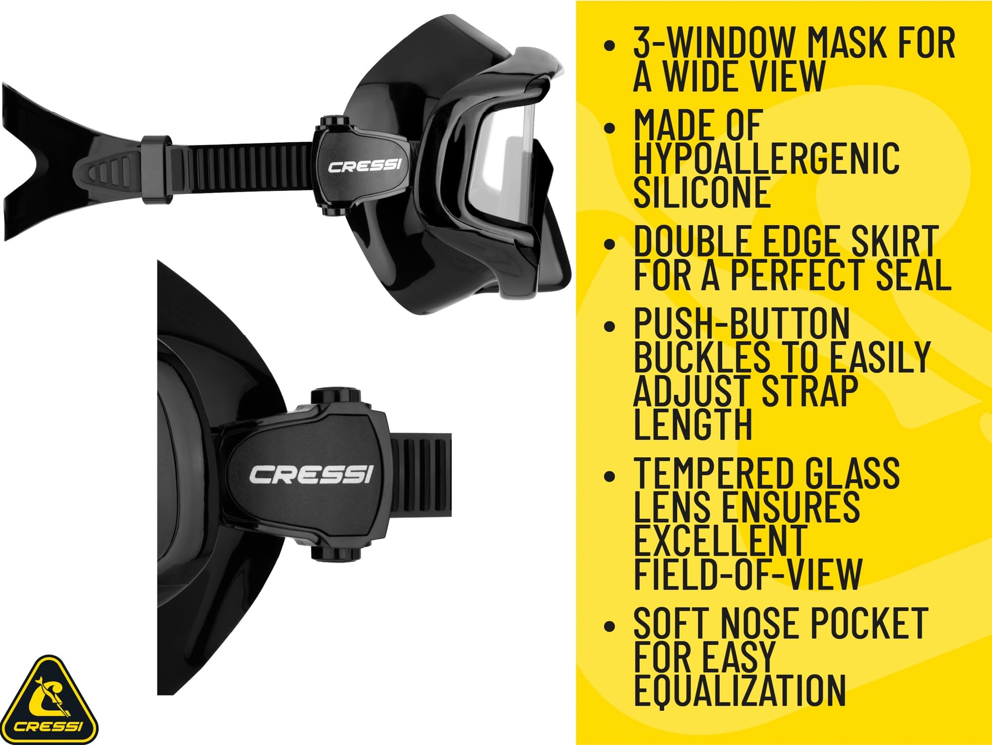 Cressi Máscara grande de visión amplia para buceo y esnórquel | Pano 3: diseñada en Italia