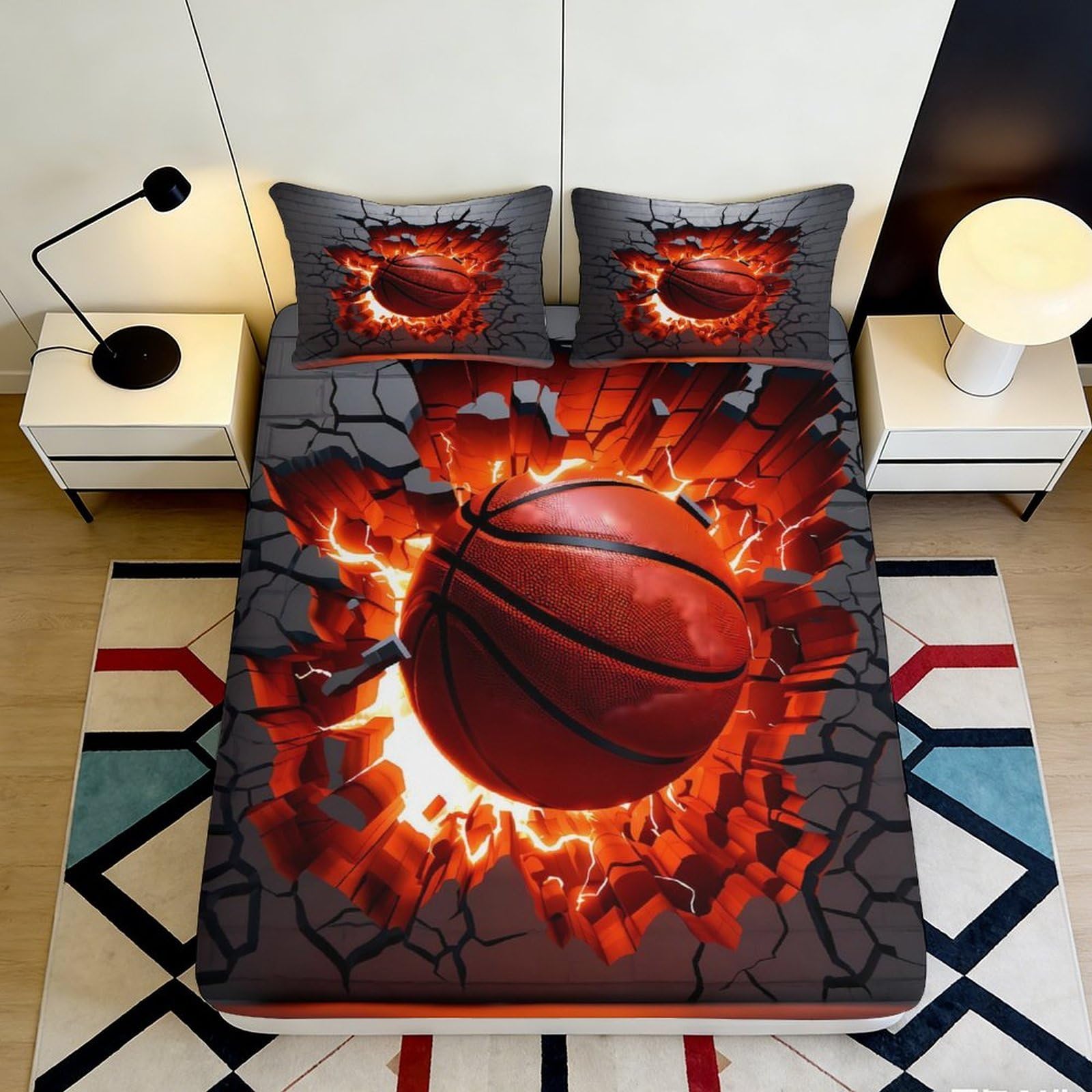Uxinyoume Style-6 3D Printed Basketball Fire Fitted Sheet Microfiber Soft Breathable Cracked Court Bed Cover For Bedroom Dorm Decor 90X200x25cm