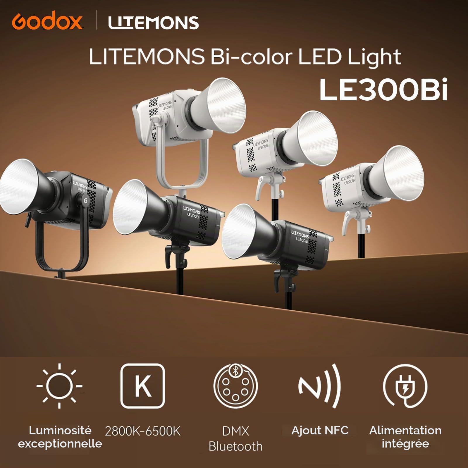 GODOX LITEMONS LE300Bi LED Lampe vidéo 320W Bicolore 2800K-6500K Bowens Mount 58900lux @5600K,1M Prend en Charge Le contrôle de l’Application, NFC, DMX CRMX (Blanc)
