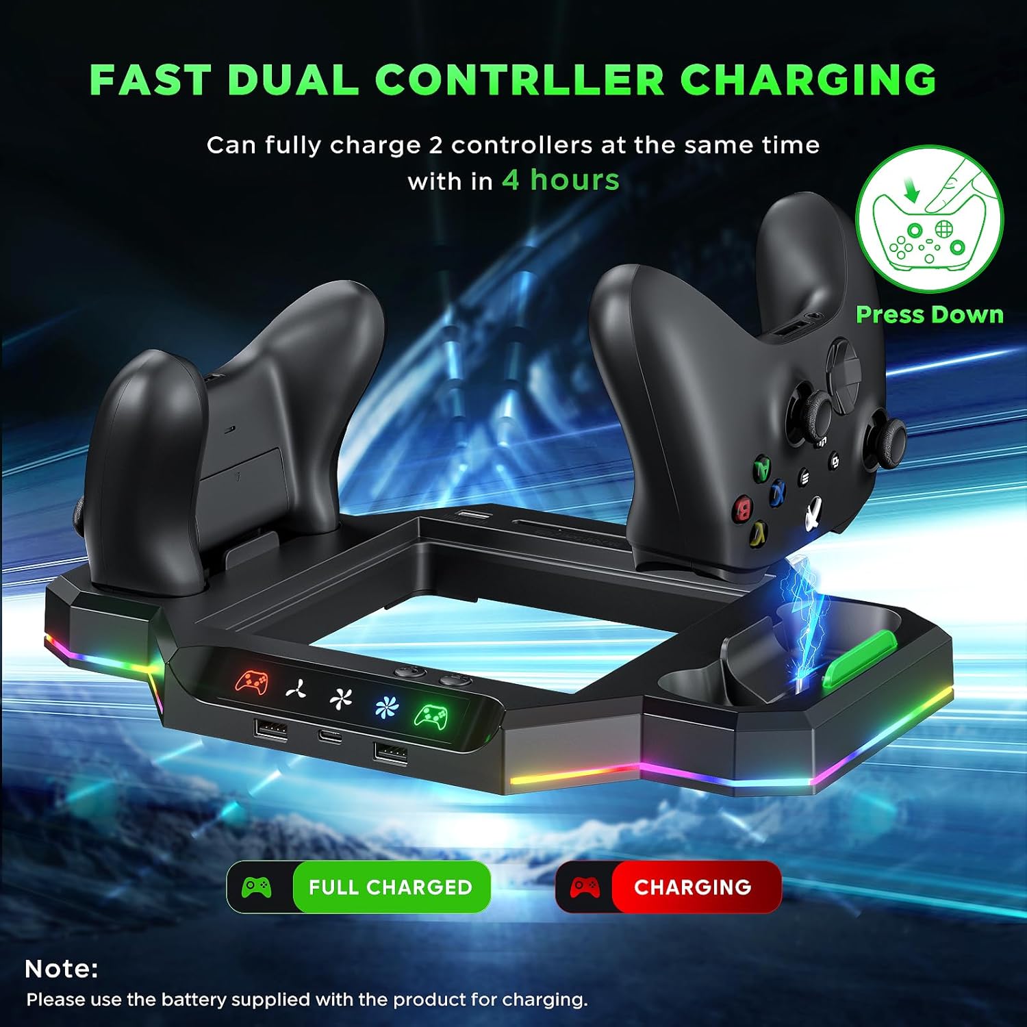 Cooling Fan Charging Stand for Xbox Series X, Vertical Cooler System Dual Controller Charger Station Dock with 2 x 1400mAh Rechargeable Battery & 7 Games Storage for Xbox Series X Console Accessories - Image 4