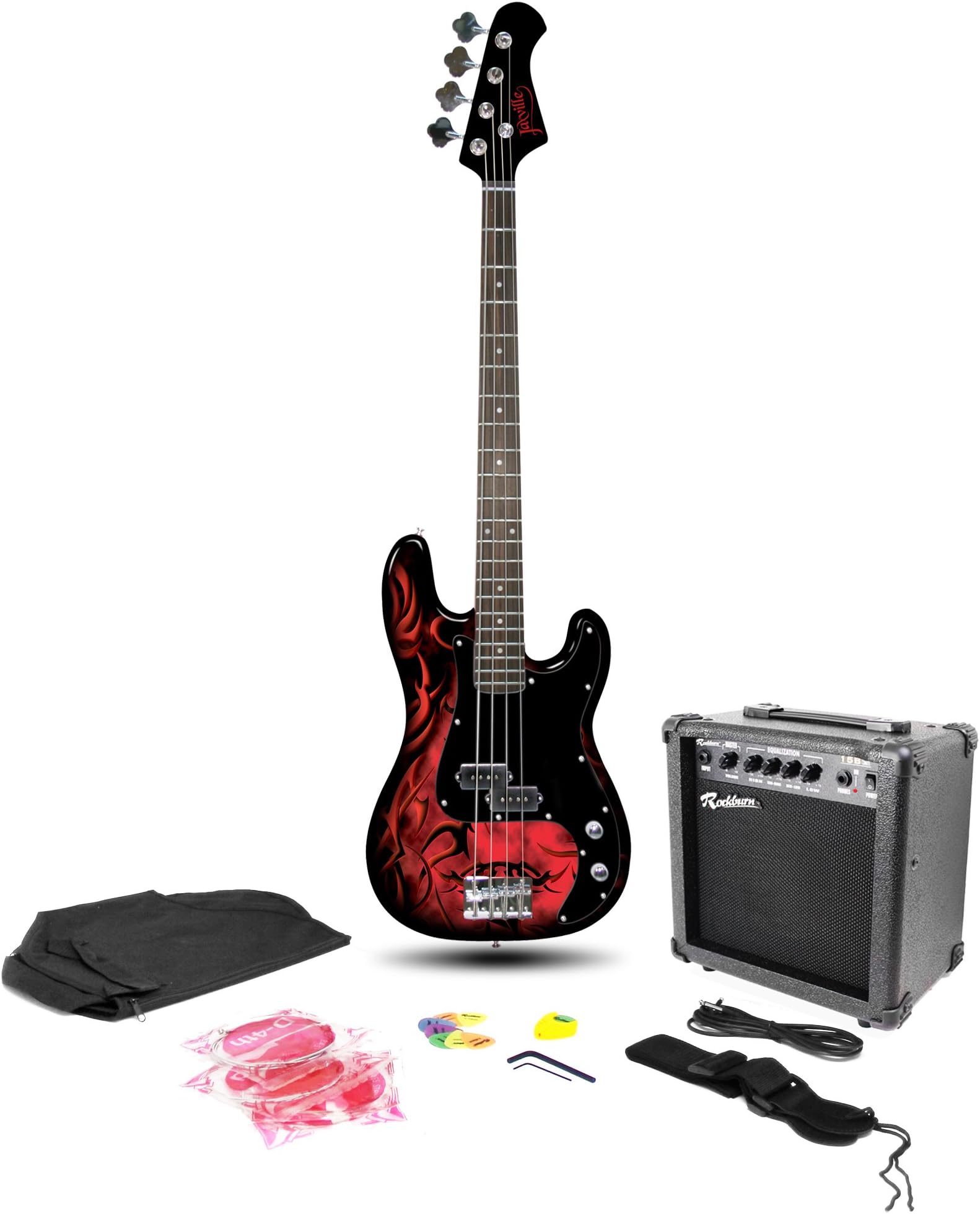 Jaxville PB Style Custom Demon Bass Guitar Pack with Amp, Gig Bag, Lead, Strap, Strings & Picks