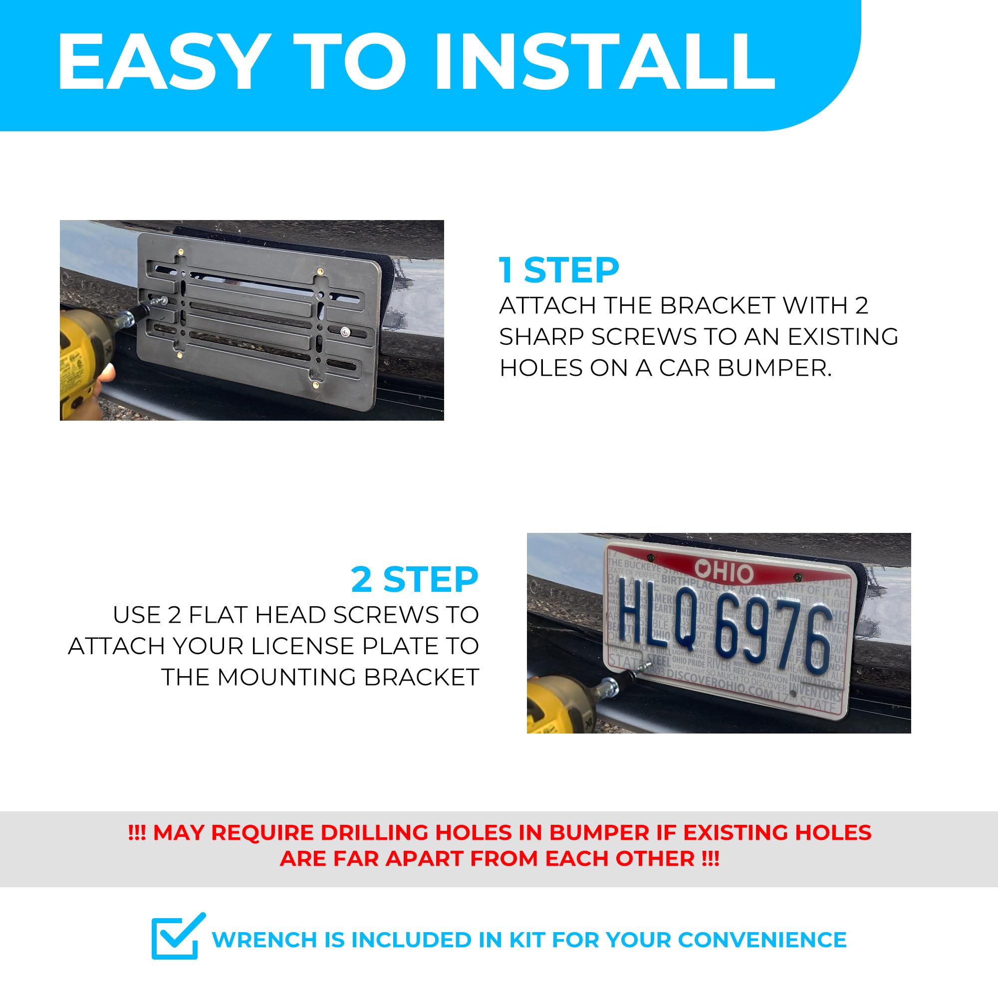 Front Bumper License Plate Bracket For Tesla Model X 2016-2024, Plate Holder Set W 6 Unique Screw Bolts & Wrench Kit, License Tag Mounting Kit, Quality Plate Holders, Premium Car Accessories
