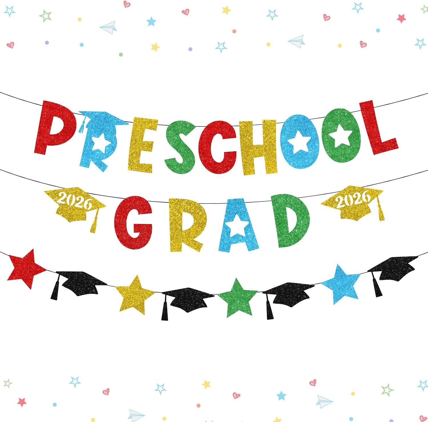 Preschool Graduation Decorations Preschool Grad Banner Colorful Rainbow Glitter 2026 Kindergarten Prek Graduation Party Supplies Kindergarten Pre-K Graduate Party Supplies