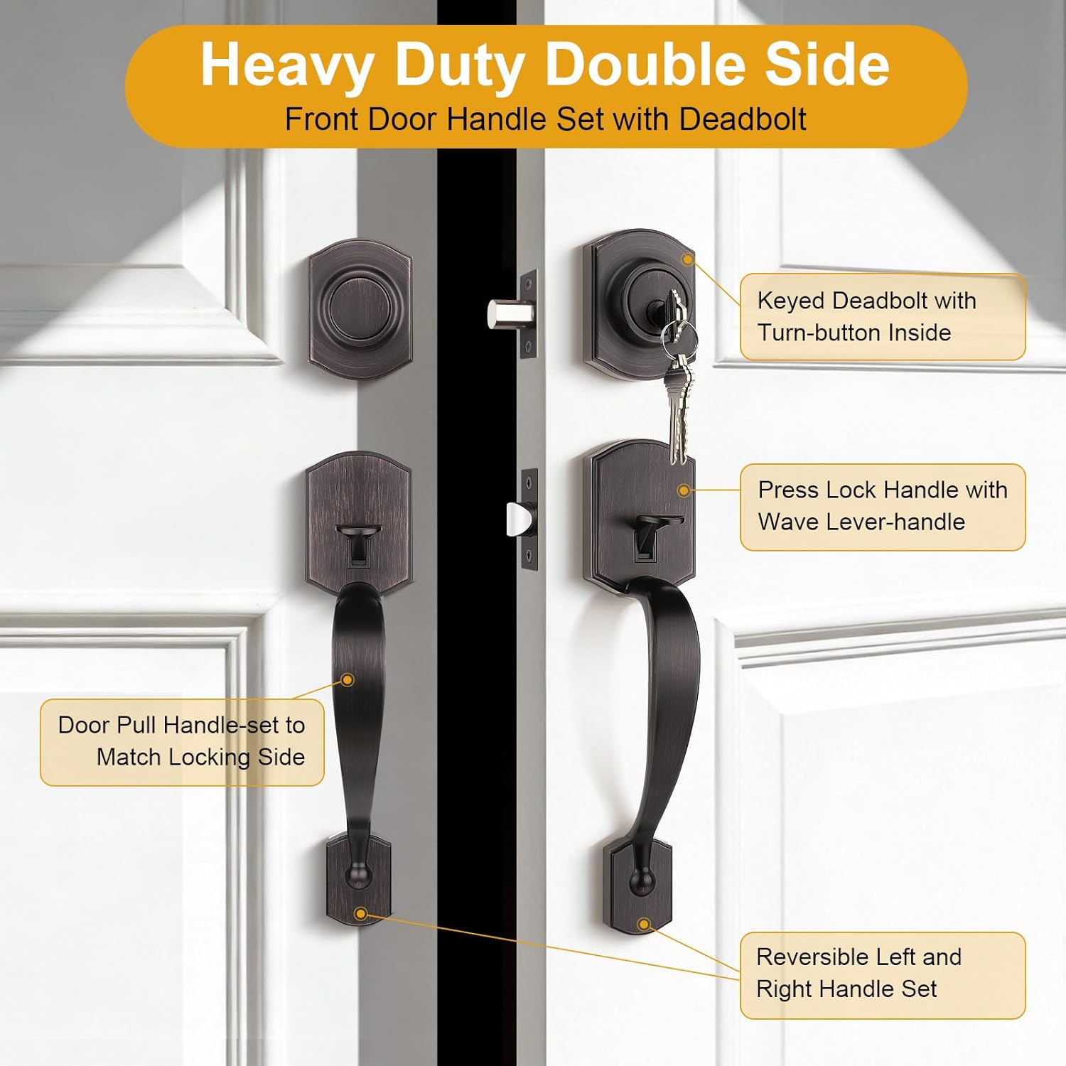 Probrico Double Door Handle Set with Keyed Deadbolt, Reversible Keyed Lockset and Dummy Handleset, Heavy Duty Zinc Alloy, Oil Rubbed Bronze, 1Pack