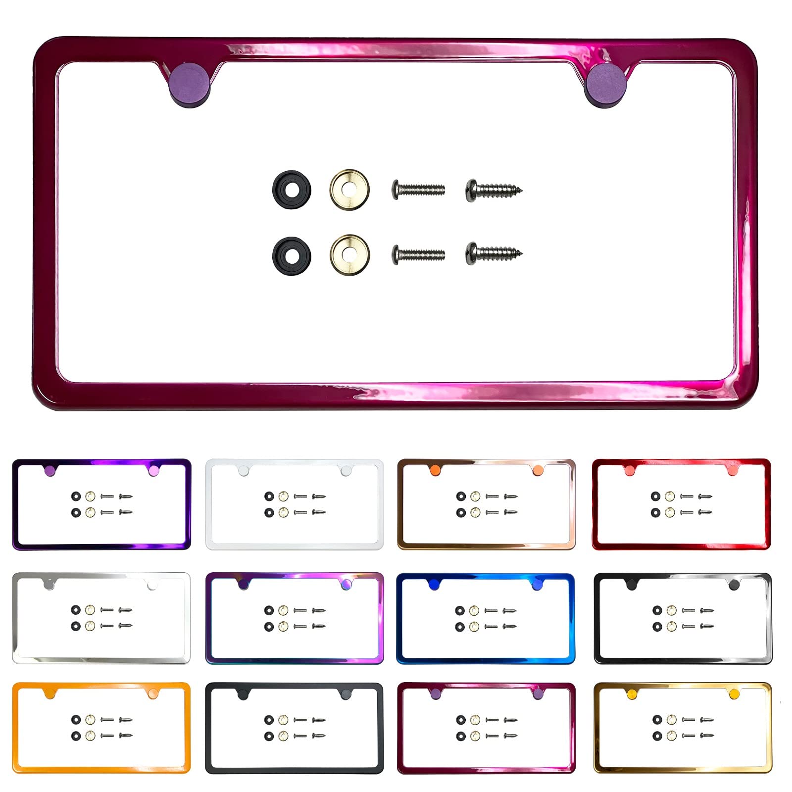 NAROWAN Two Holes Slim License Plate Frame Rasperry Pink Powder Coated Universal Fit Aluminum Screw On Cap Cover, T304 Stainless Steel, Rust Proof