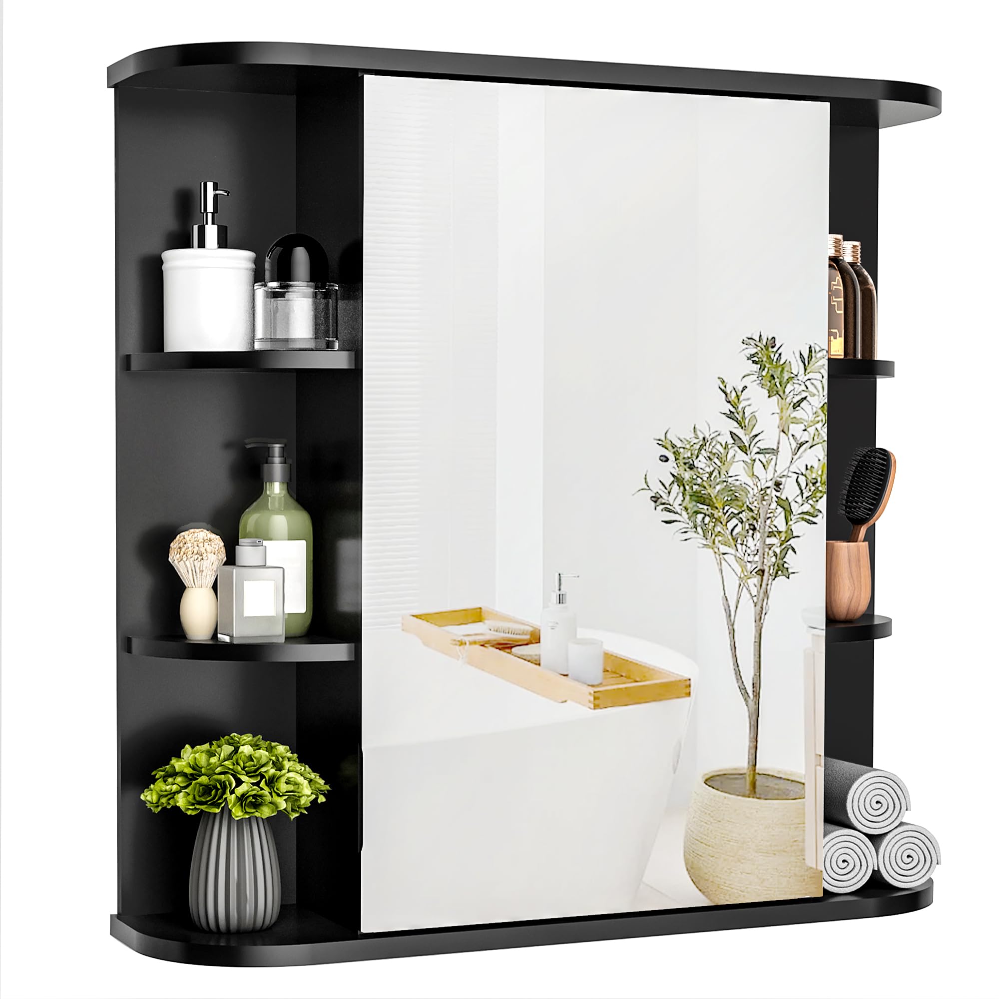 Pamapic Armario con espejo de baño, armario de baño con espejo HD grande, armario de almacenamiento montado en la pared con estantes ajustables, unidad de almacenamiento para sala de estar, dormitorio