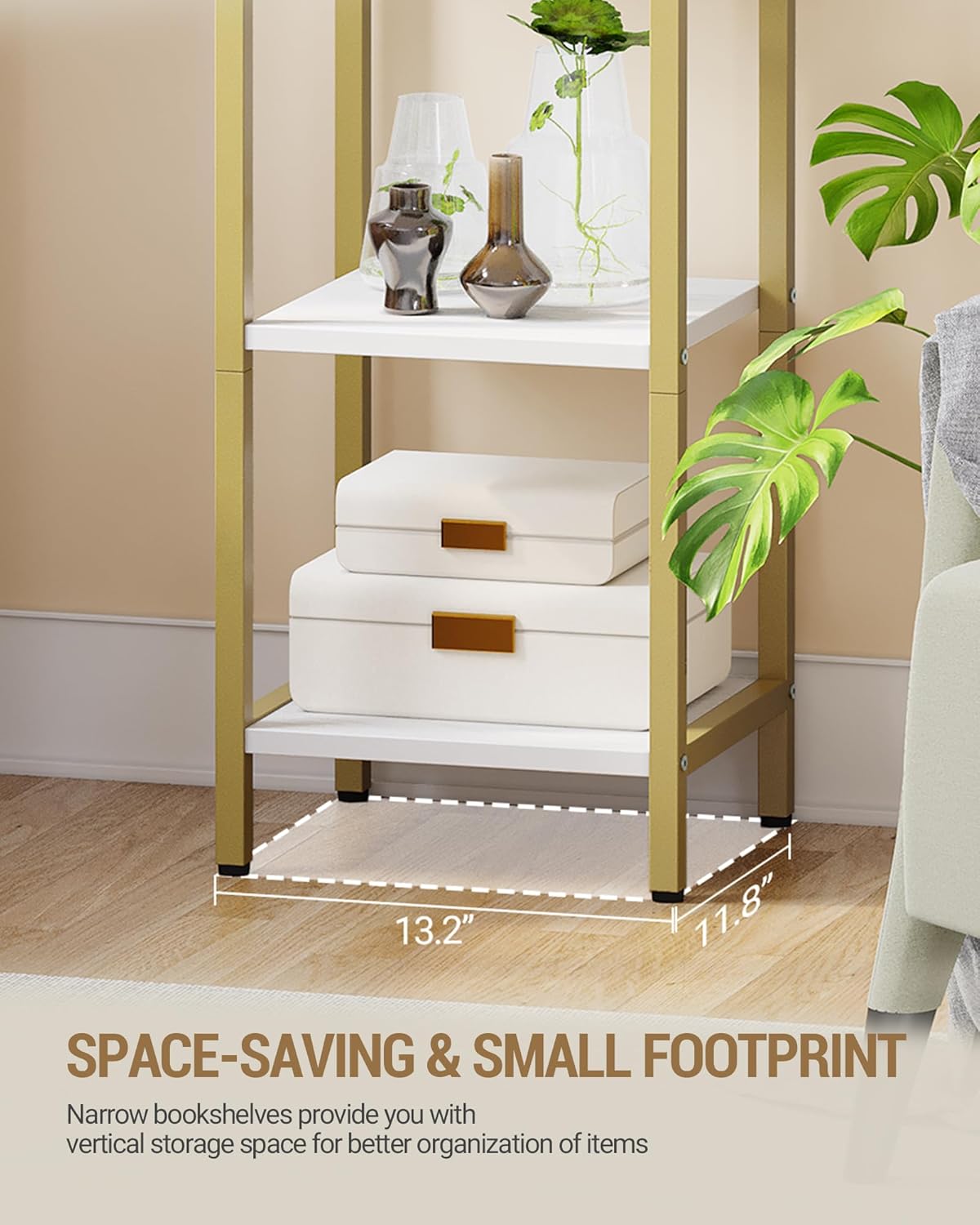 Bookshelf Bookcase Narrow Bookcase Shelf Organizer with Steel Frame for Study Living Room Bedroom Kitchen Home Office Industrial Bookshelf 6-Tier White Gold BC56013A - Image 7