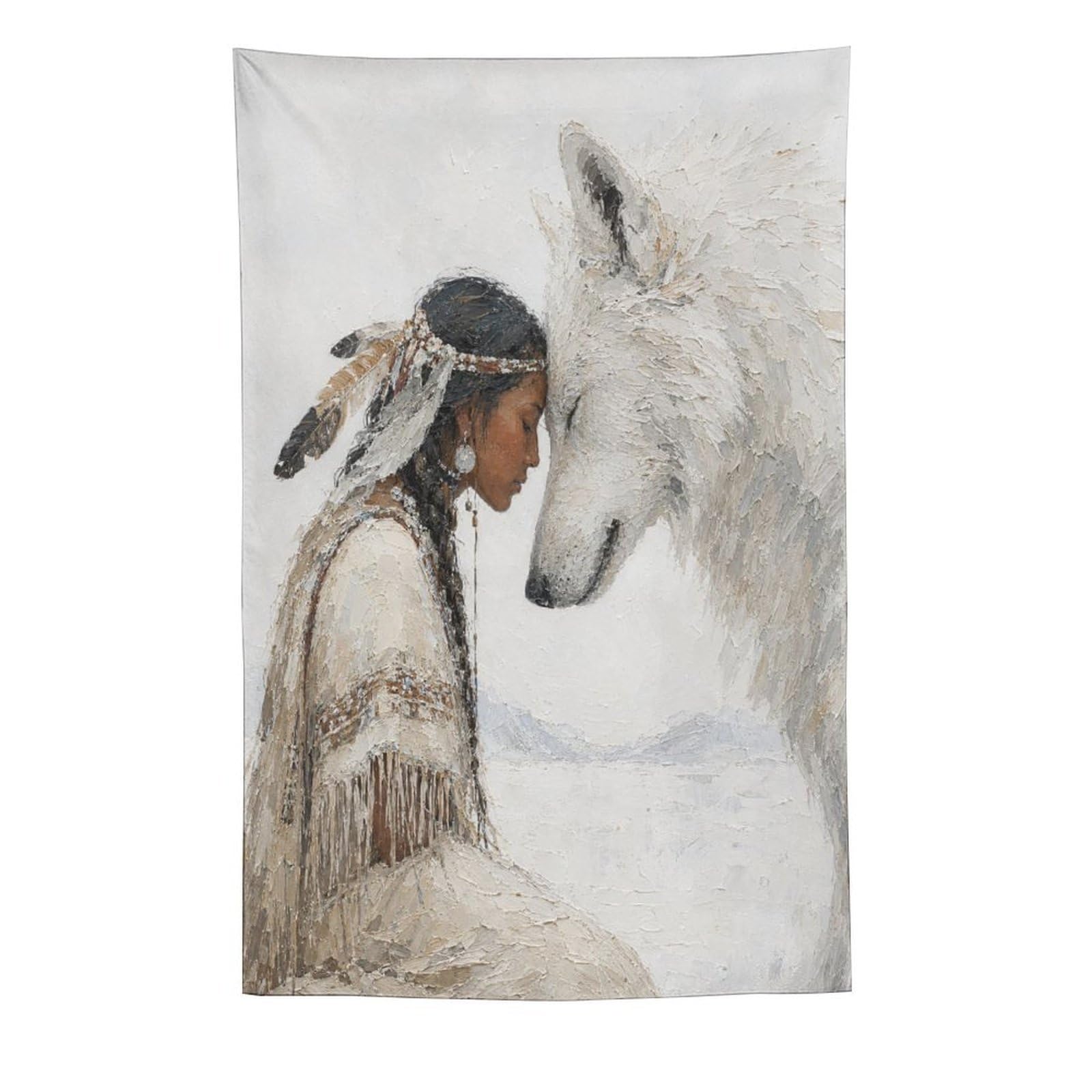 H3B8U2Y5 Native Woman with White Wolf Wall Tapestry, Quiet Portrait
