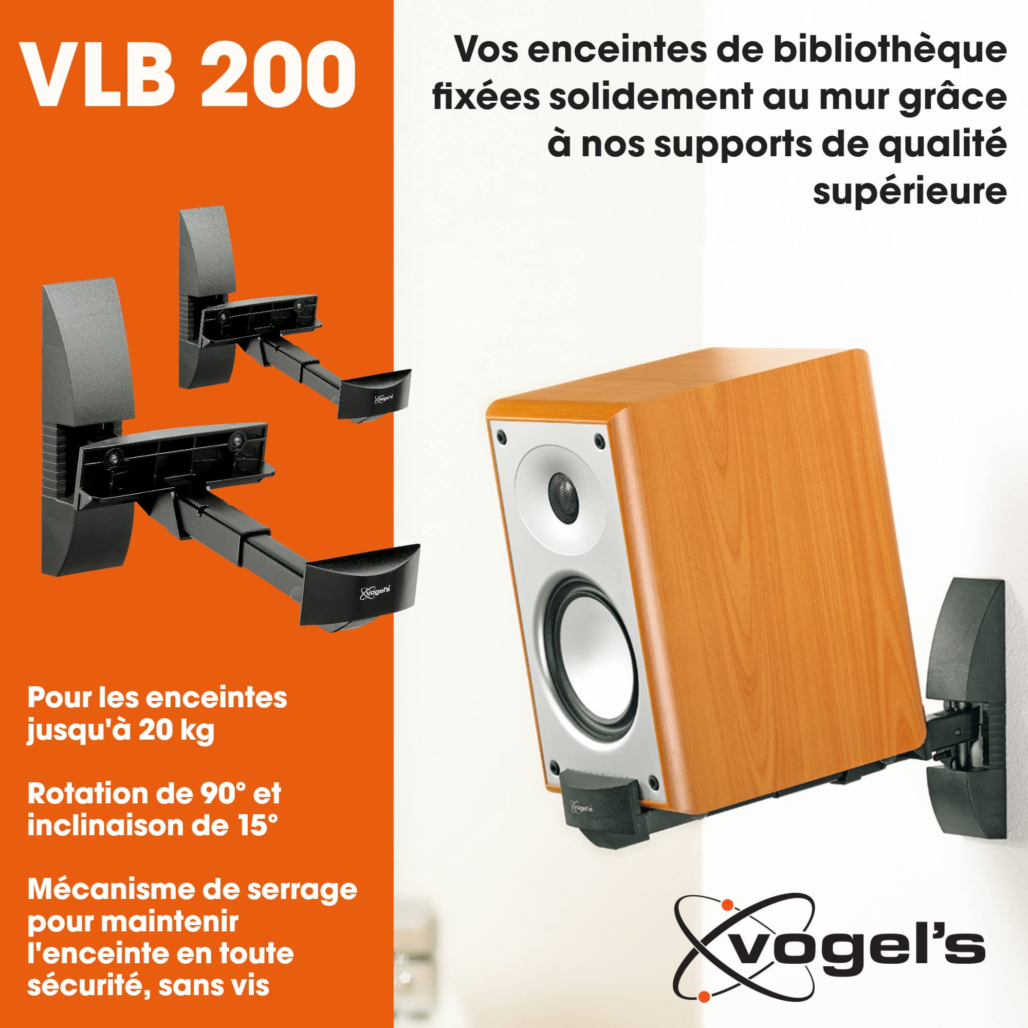 Vogel's VLB 200 Support Mural Universel pour Enceintes (2X) | Orientable jusqu'à 90º | Inclinaison 15º | Poids Max. 20 kg | Noir