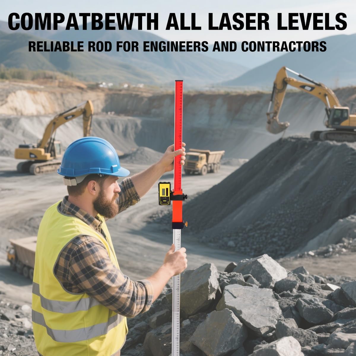 MOETER Laser Grade Rod - 2.4M Aluminum Grade Stick for Rotary Laser Level with Twist Lock, Bubble Level & Carry Bag