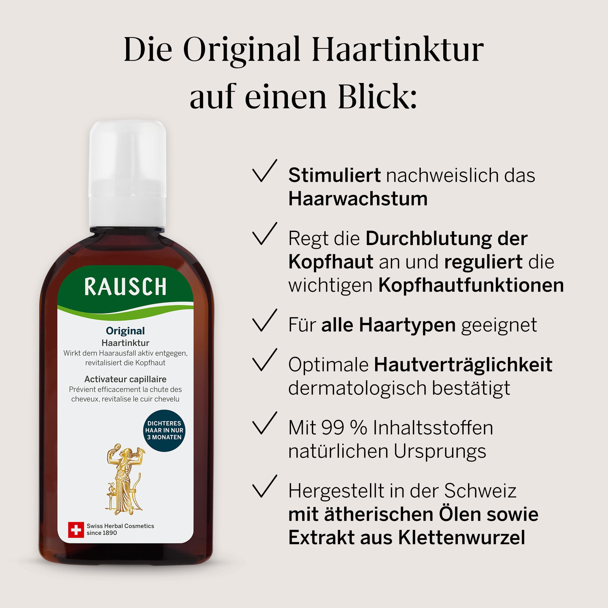 RAUSCH Original Haartinktur 200 ml – Tinktur bei Haarausfall – vegan & silikonfrei, hergestellt in der Schweiz mit Klettenwurzel-Extrakt & ätherischen Ölen