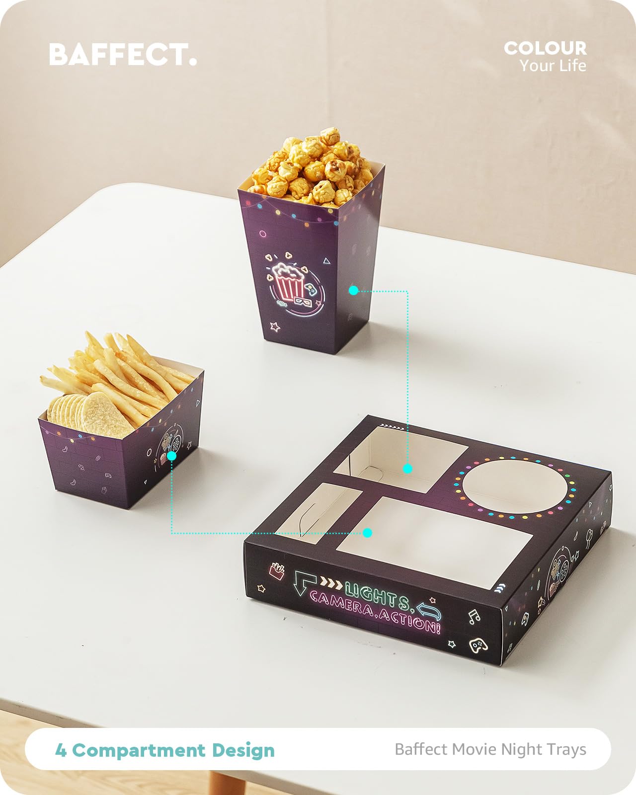 Baffect Lot de 40 plateaux à goûter Movie Night comprenant 10 plateaux néon pour soirée cinéma, 10 boîtes à popcorn, 10 saladiers, 10 invitations de fête cinéma, fournitures de soirée cinéma en plein