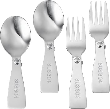 Mabor 4pcs Stainless Steel Folding Spoon and Fork Set, Portable Travel Utensils for Lunch Box, Camping, Picnic & Outdoor Activities