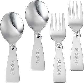 Mabor Juego de 4 cucharas y tenedores plegables de acero inoxidable, utensilios de viaje portátiles para lonchera, camping, picnic y actividades al aire libre