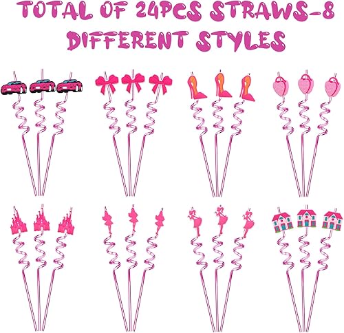 Miniatura 3 de 24 pajitas para beber para fiesta temática de niña rosa, suministros de fiesta, pajitas rosadas locas para suministros de fiesta de princesa,