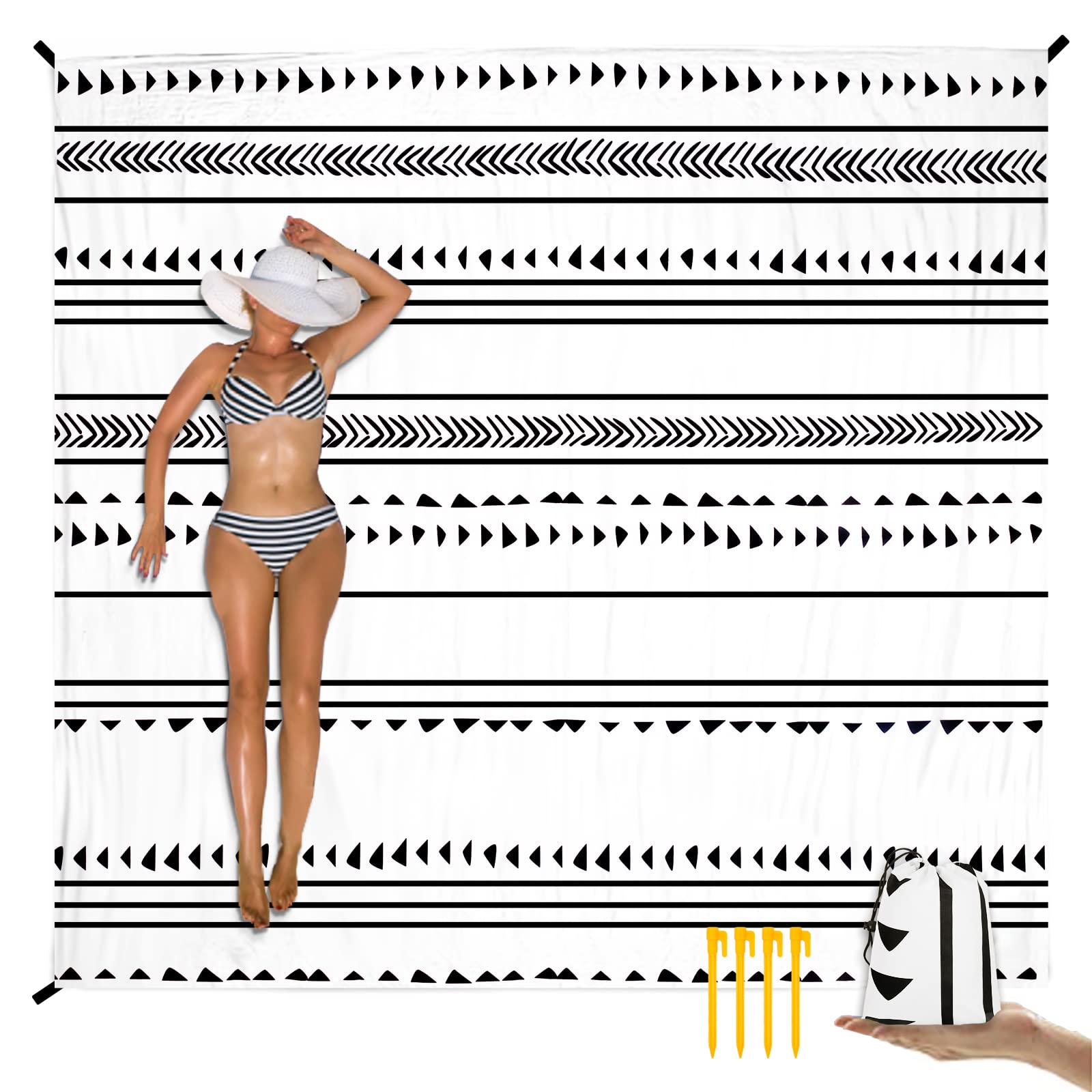 Large Beach Blanket for 1-4 Adults, 78''×86'' Waterproof Sandproof Beach Blankets with 4 Stakes & 4 Corner Pockets, Polyester Lightweight Foldable Outdoor Picnic Mat for Travel, Camping, Hiking