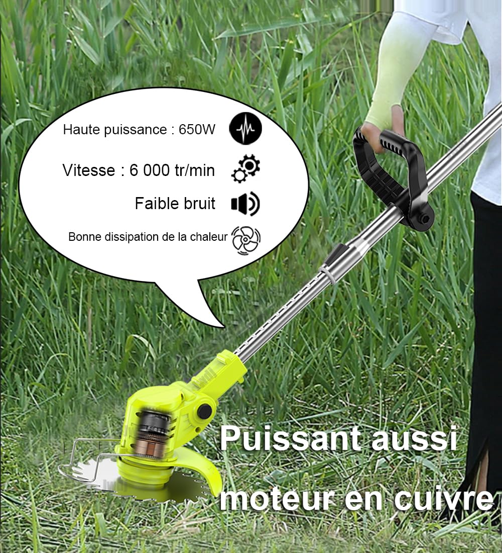 Coupe Bordure sans Fil avec Batterie 21V Debroussailleuse Electrique sans Fil avec 2 Batteries de 2,0 Ah et 650W Debrouissalleuses Batterie avec Moteur de 6 000 TR/Min, Efficace et Facile